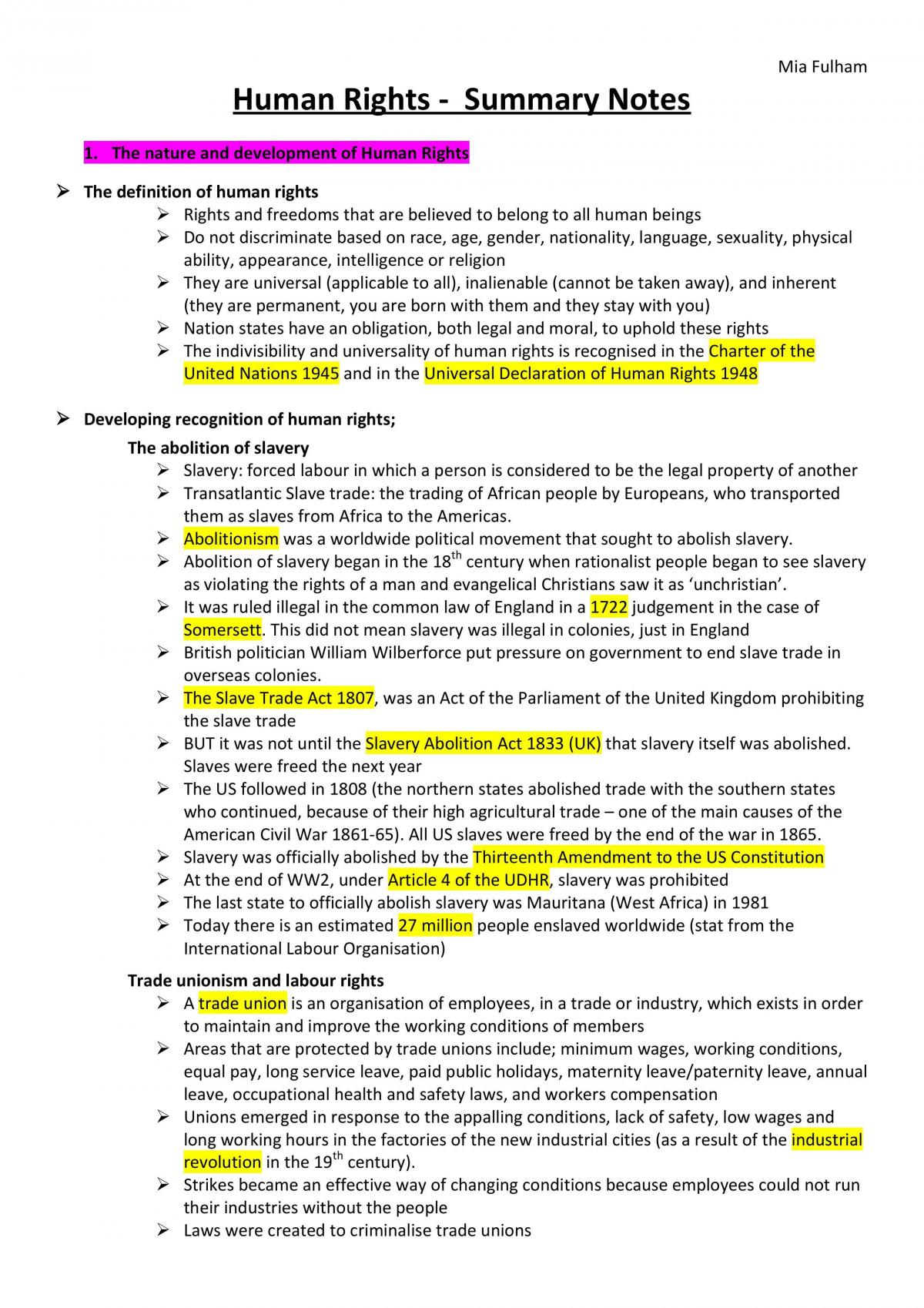 Legal Studies Human Rights Notes - Page 1