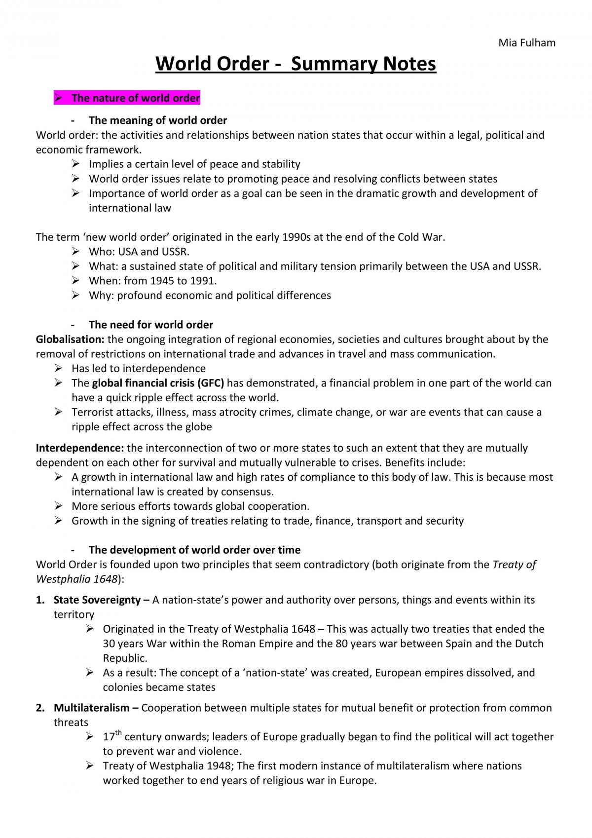 Legal Studies World Order Notes - Page 1