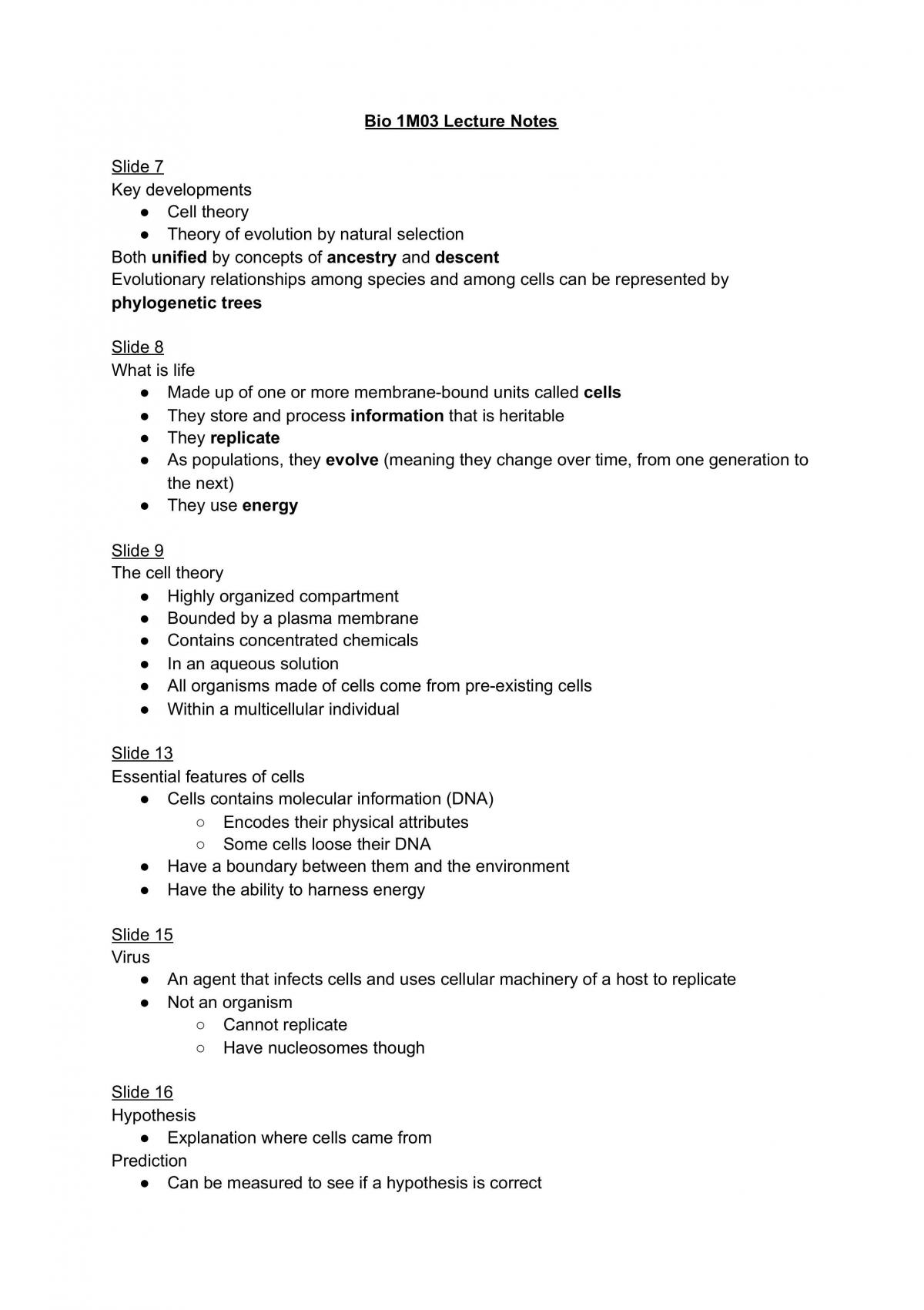 Bio 1M03 Study Notes - Page 1