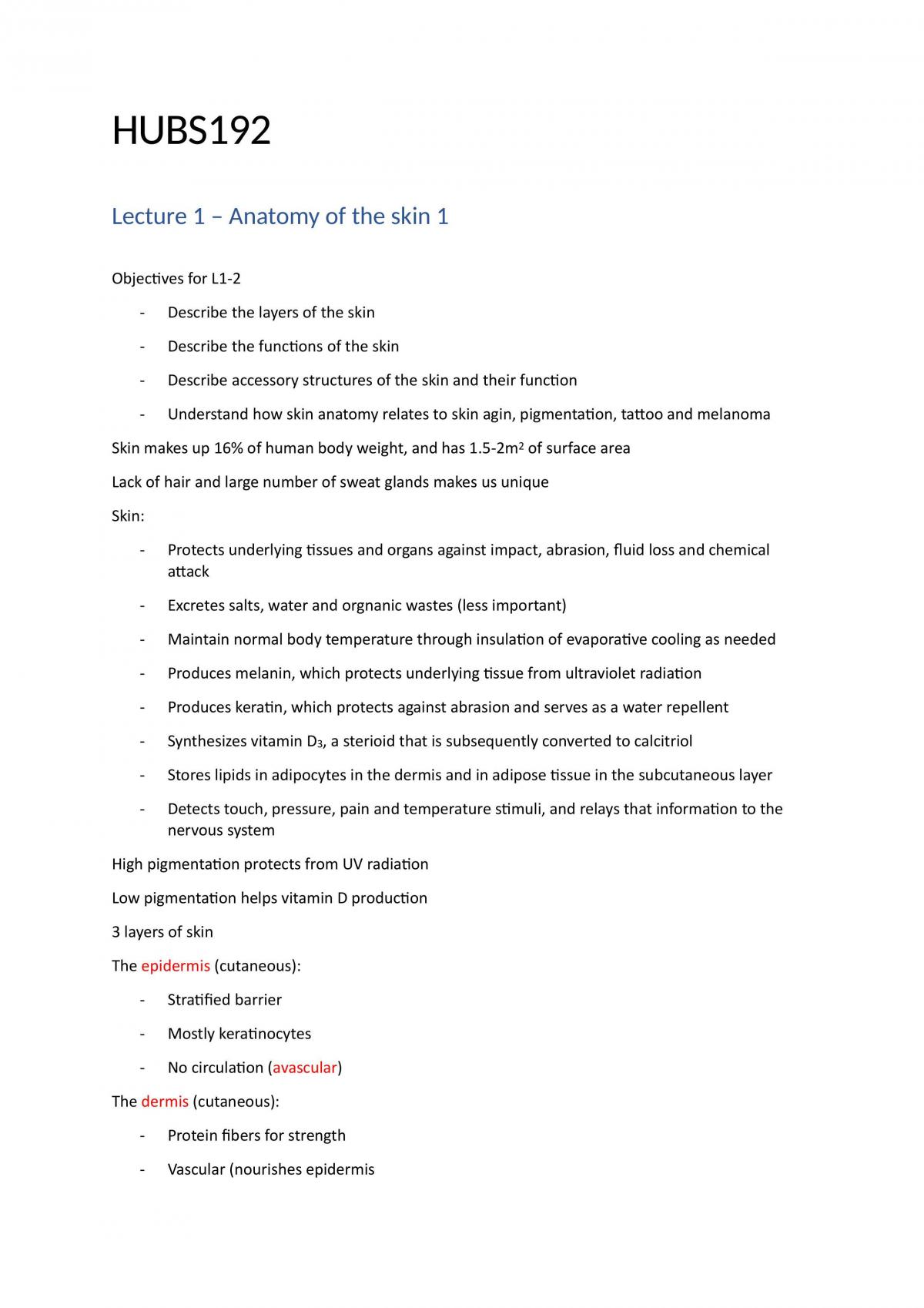 HUBS192 (Human Body Systems 2) complete set of study notes - Page 1