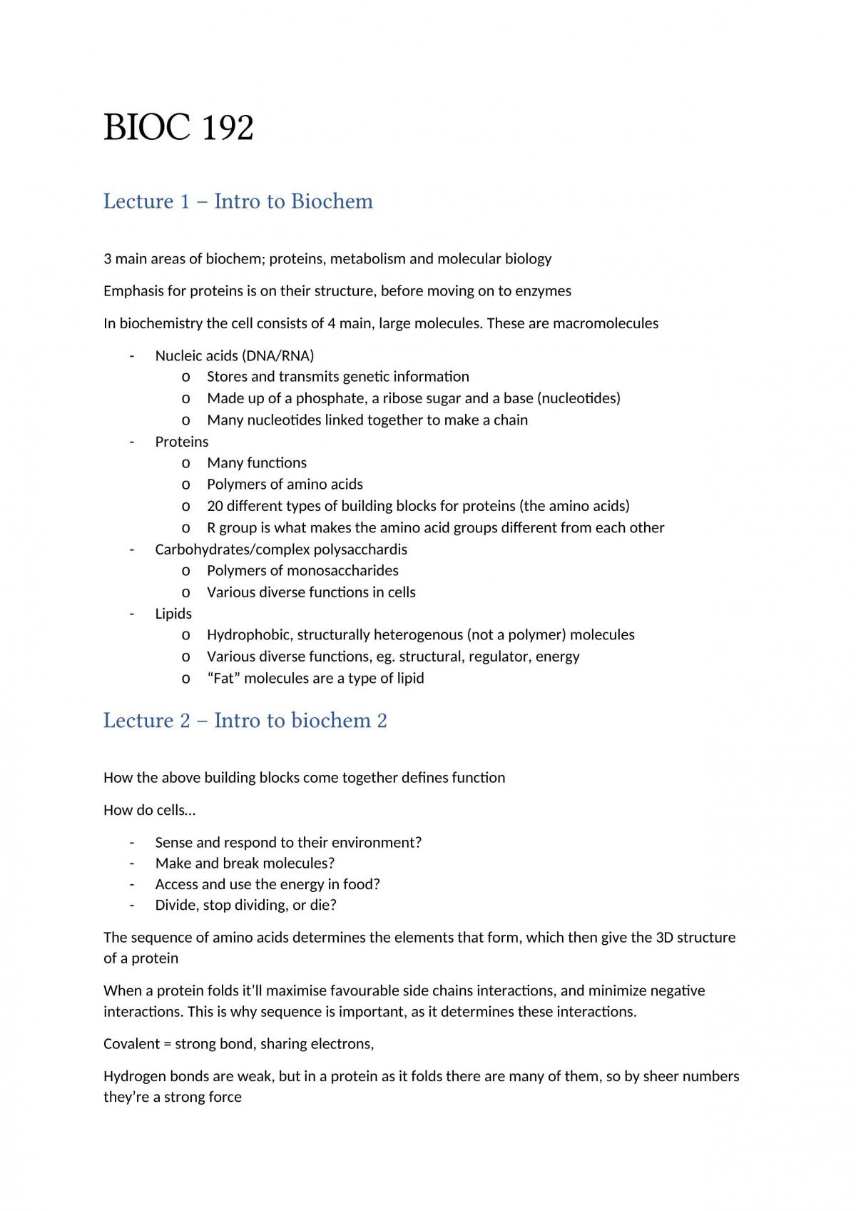 BIOC192 (Foundations of Biochemistry) complete set of notes - Page 1