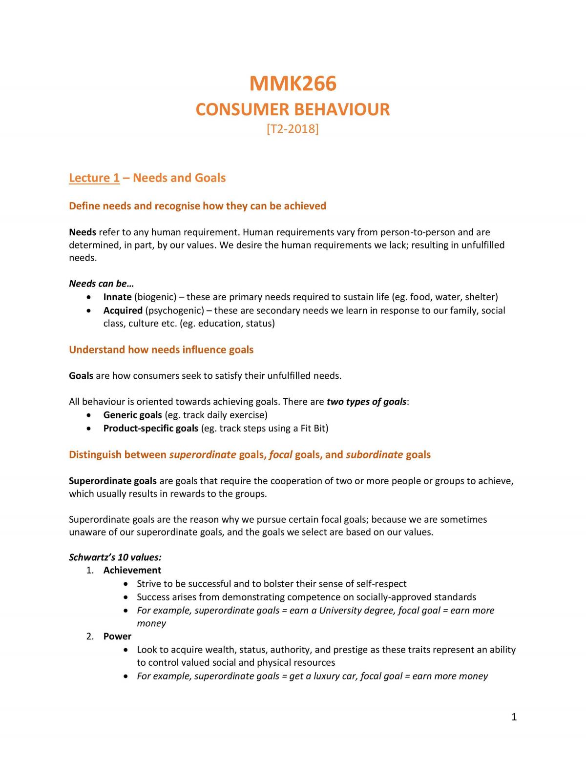 Notes - MMK266 Consumer Behaviour - Page 1