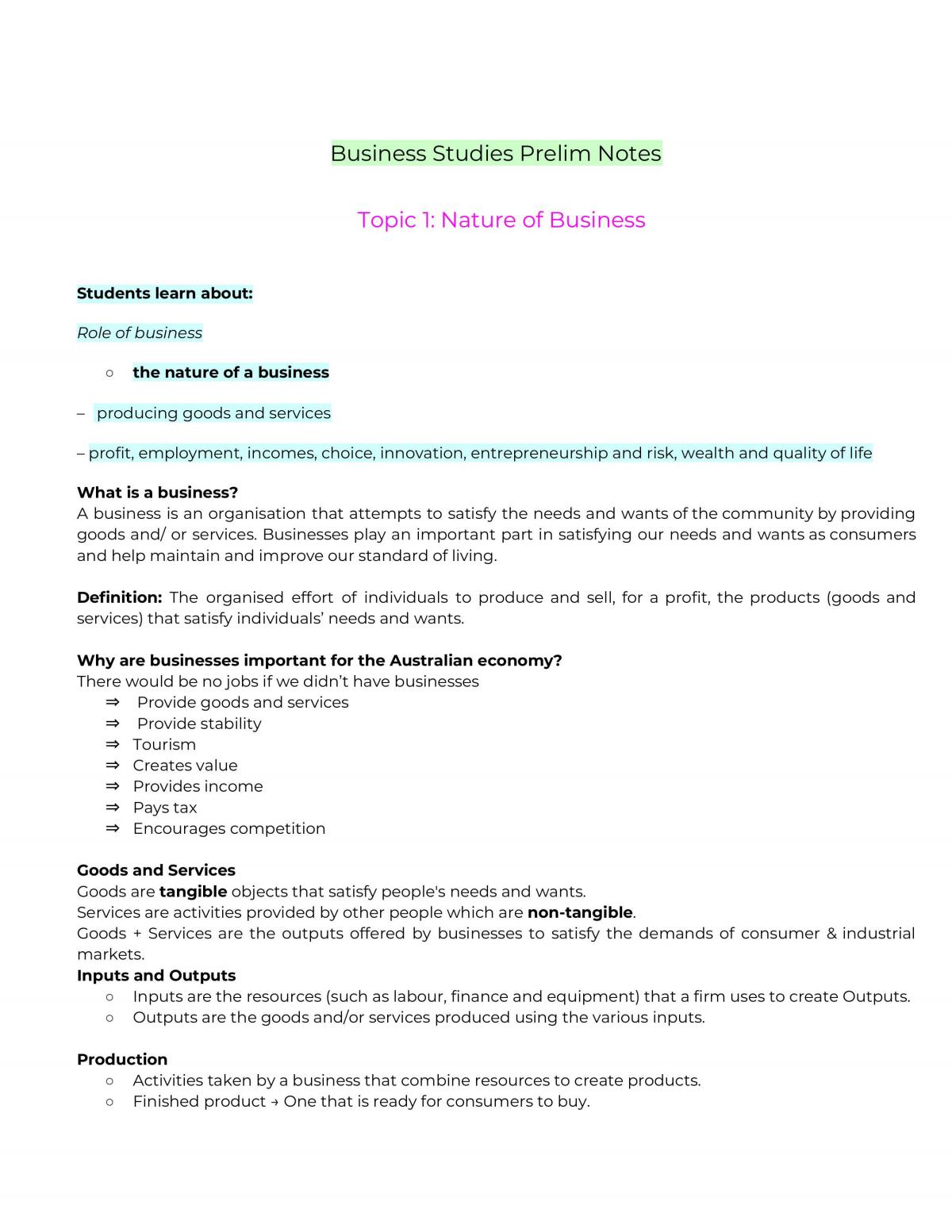 Business Studies Preliminary Notes - Page 1
