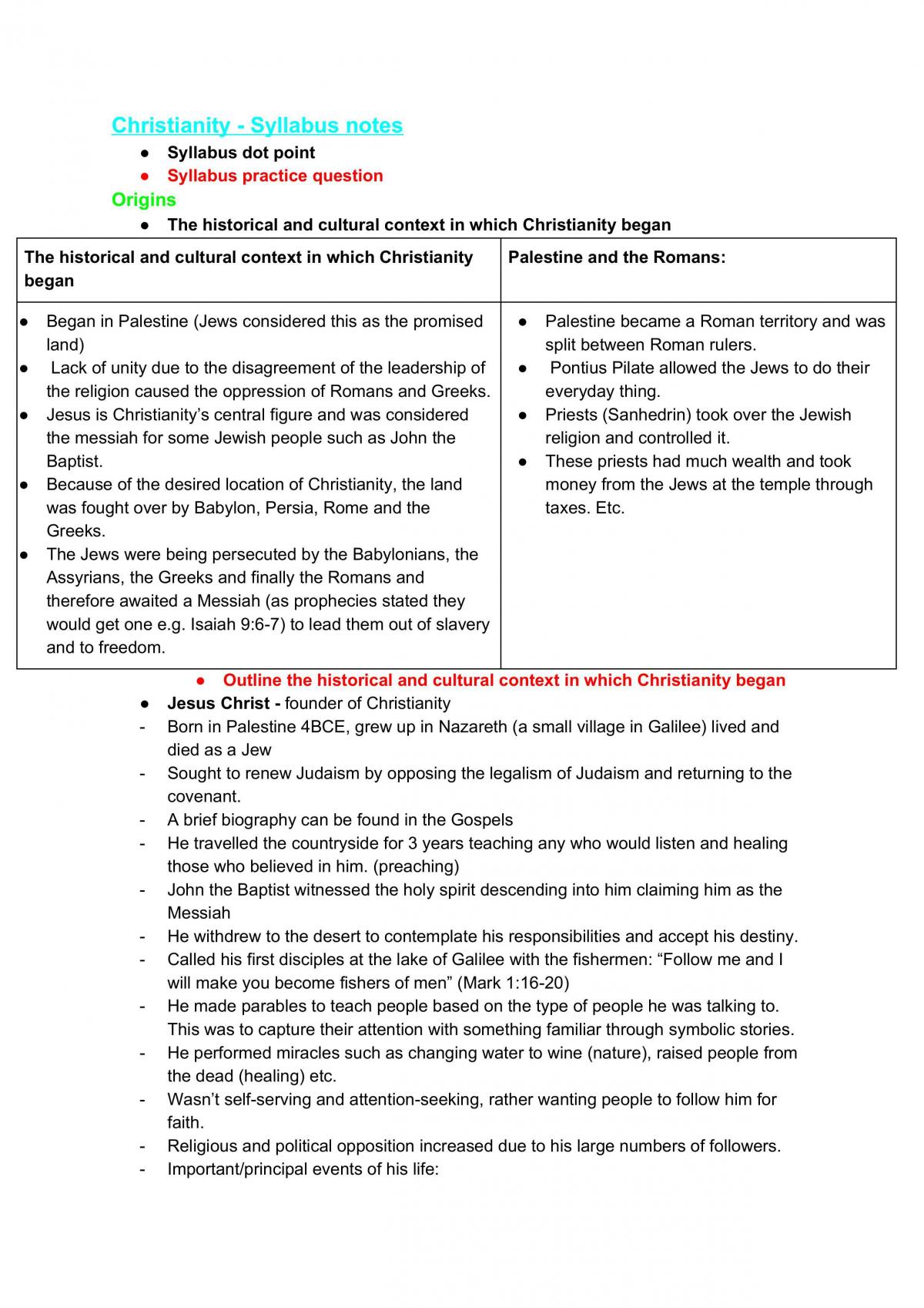 Christianity Depth Study Notes  - Page 1