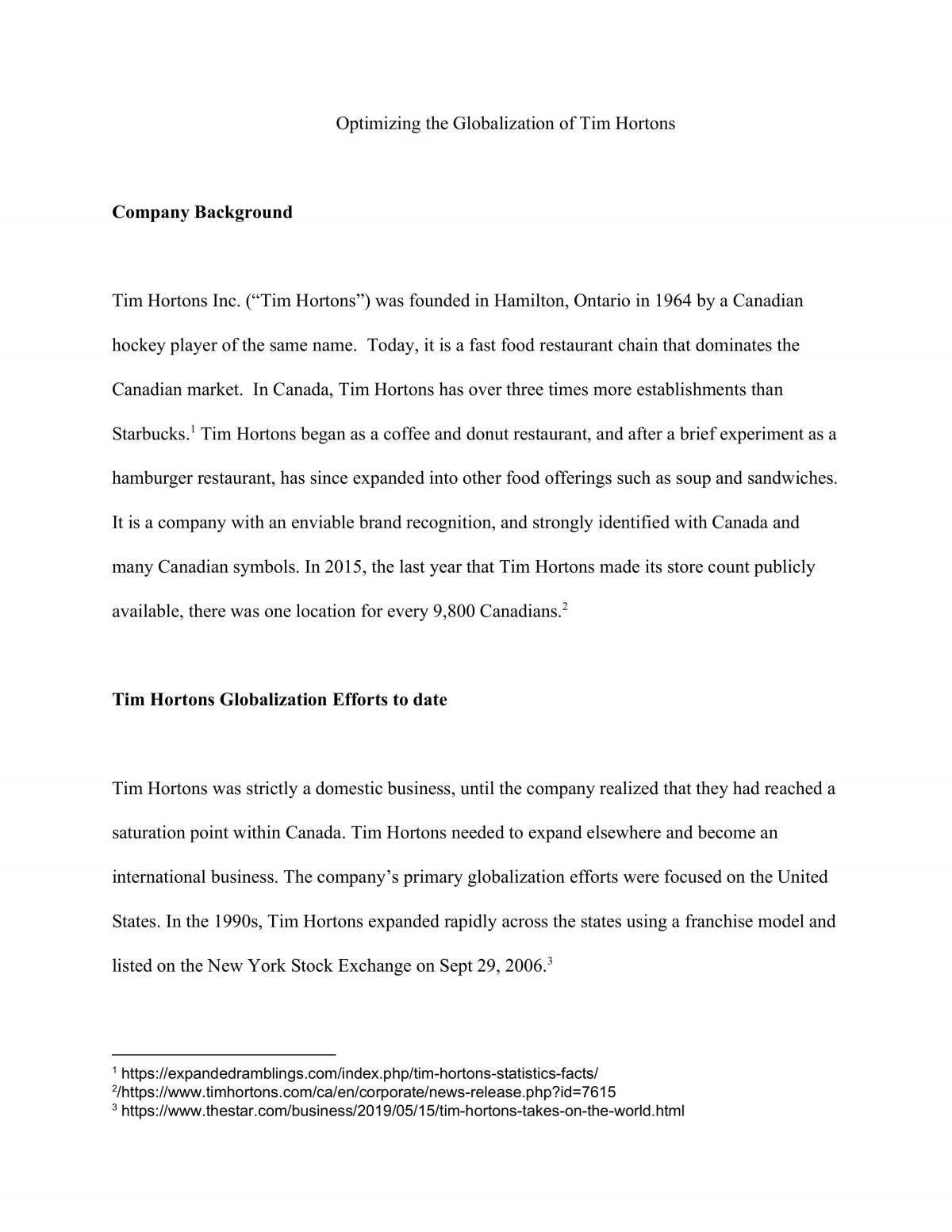 Essay on Tim Hortons Globalization - Page 1