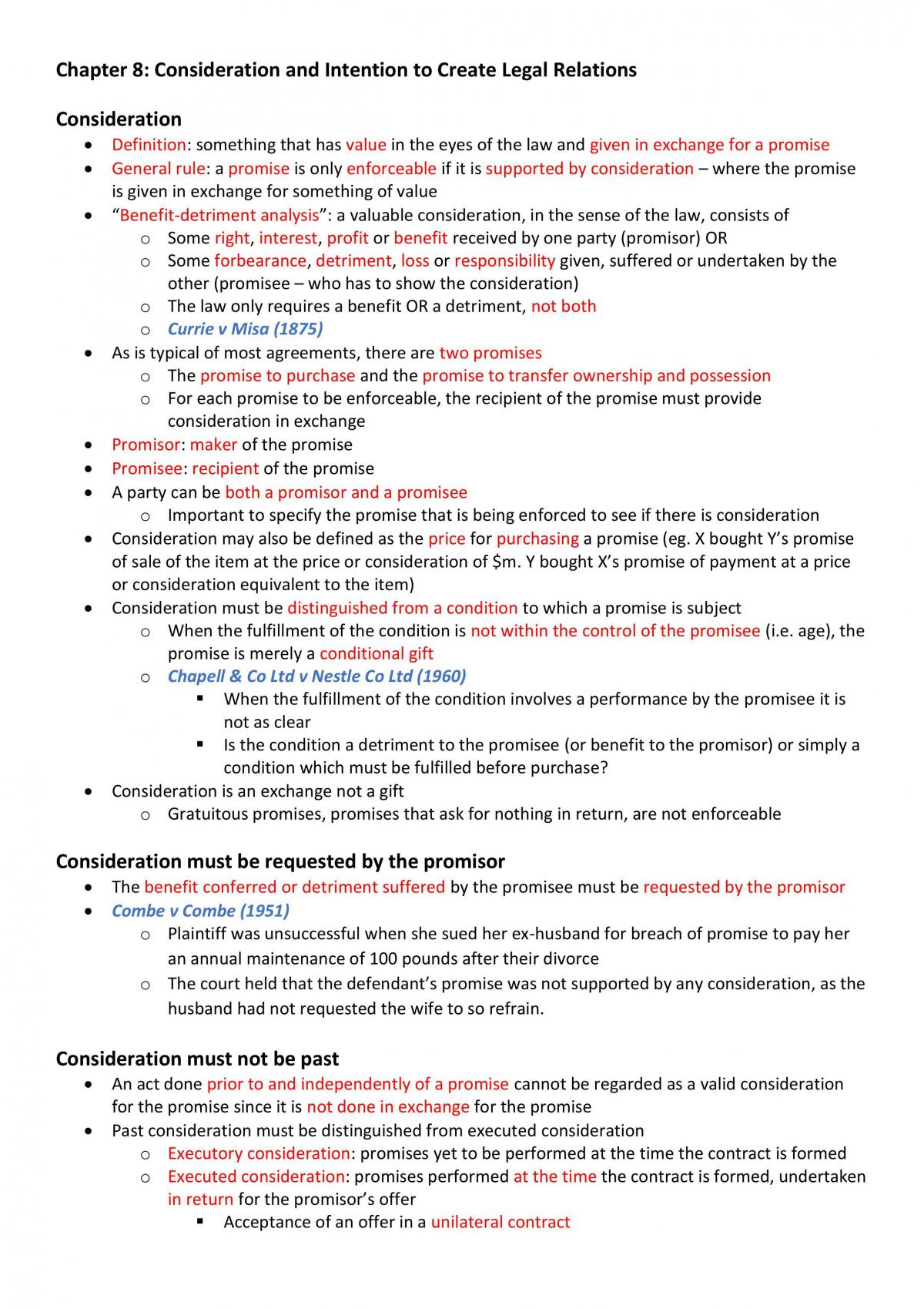 Business Law Consideration and Intention to create legal relations Notes - Page 1
