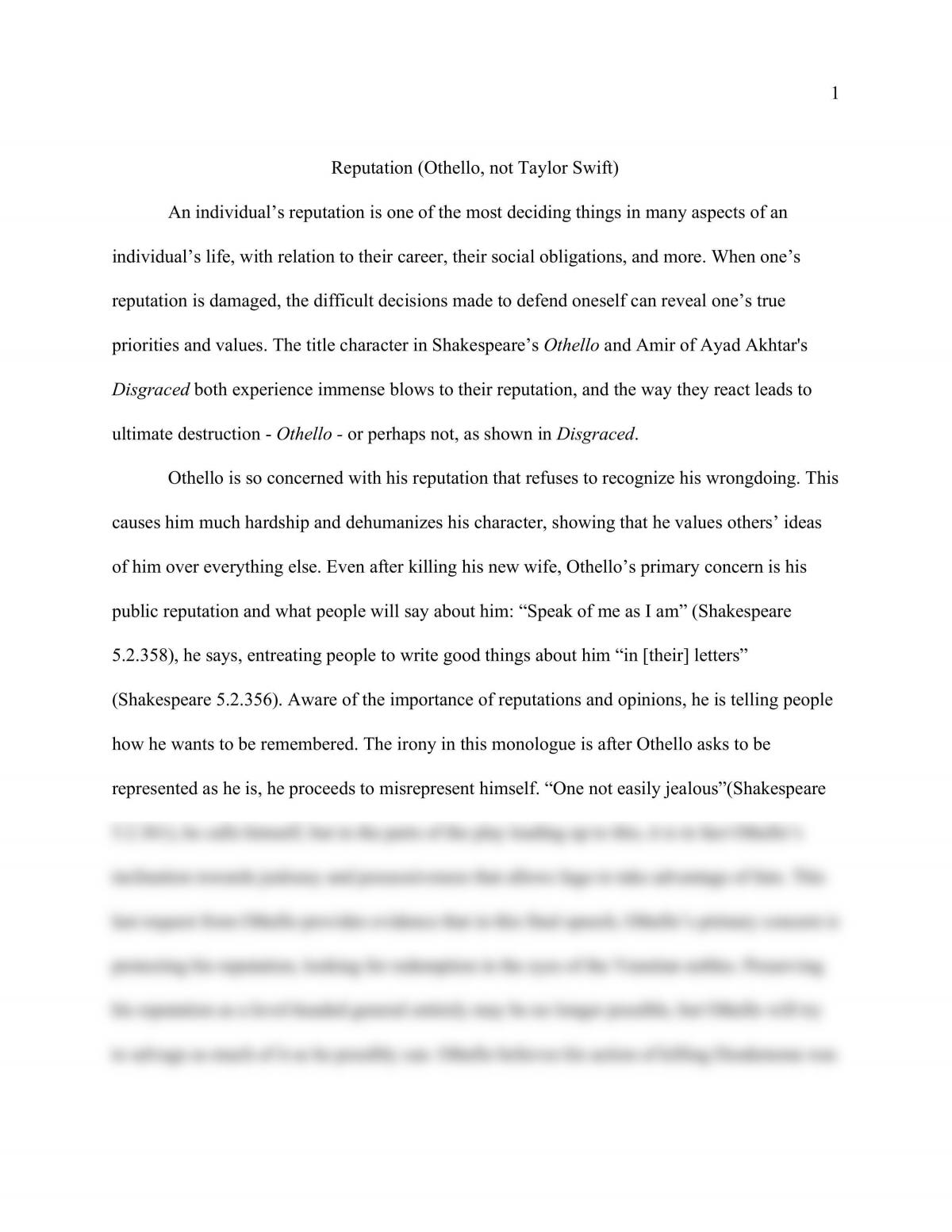 Comparative Essay: Reputation in Othello and Disgraced - Page 1