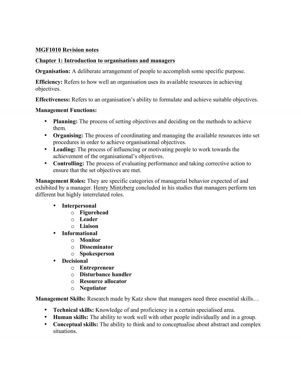 Introduction to Management Revision Notes - Page 1