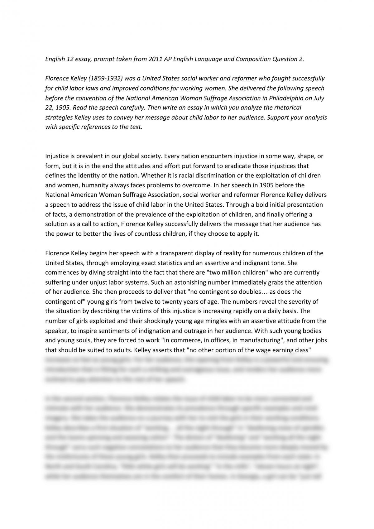 Florence Kelley speech Rhetorical Analysis - Page 1