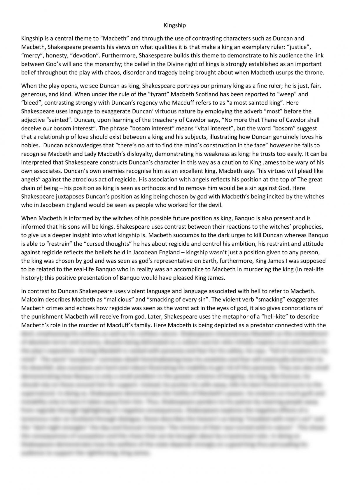 Essay exploring the importance of the theme of Kingship in Macbeth - Page 1