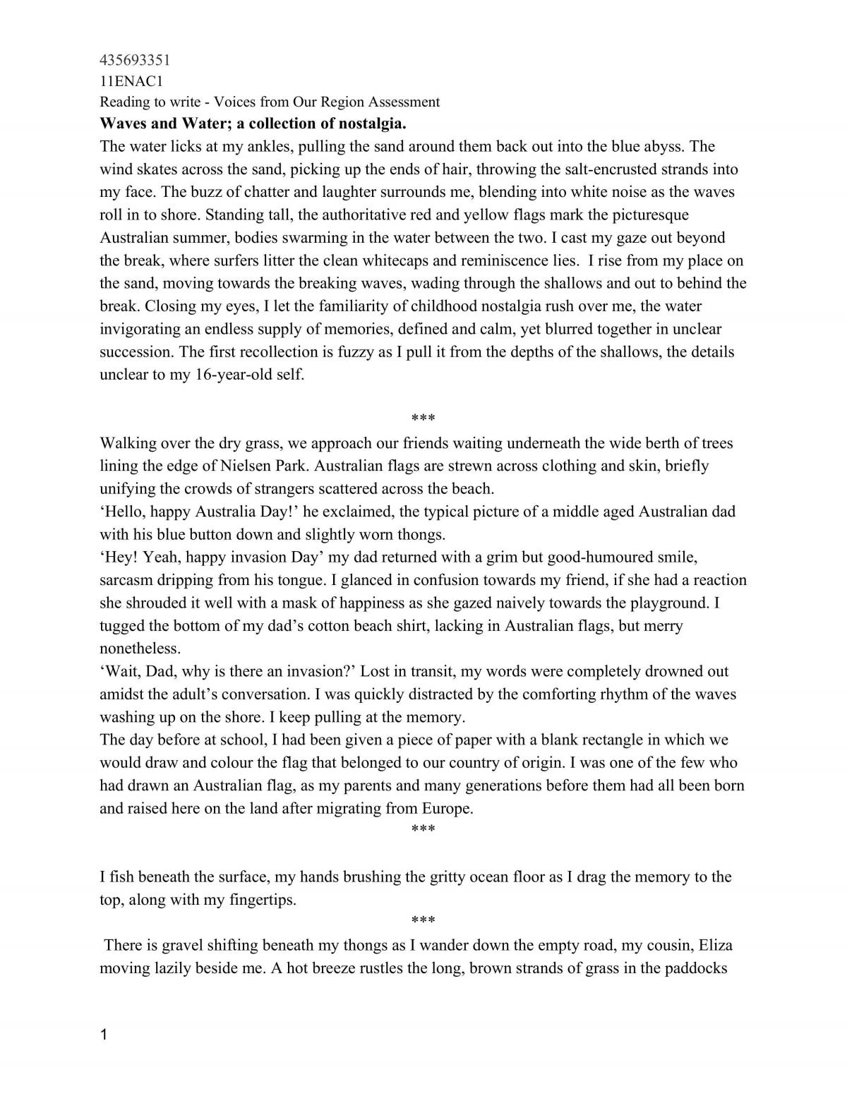 Voices From our region module/short story assignment: waves and water; a collection of nostagia - Page 1