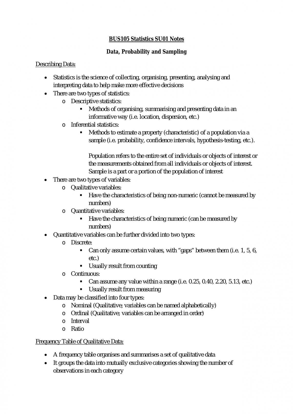 BUS105 Statistics Notes - Page 1