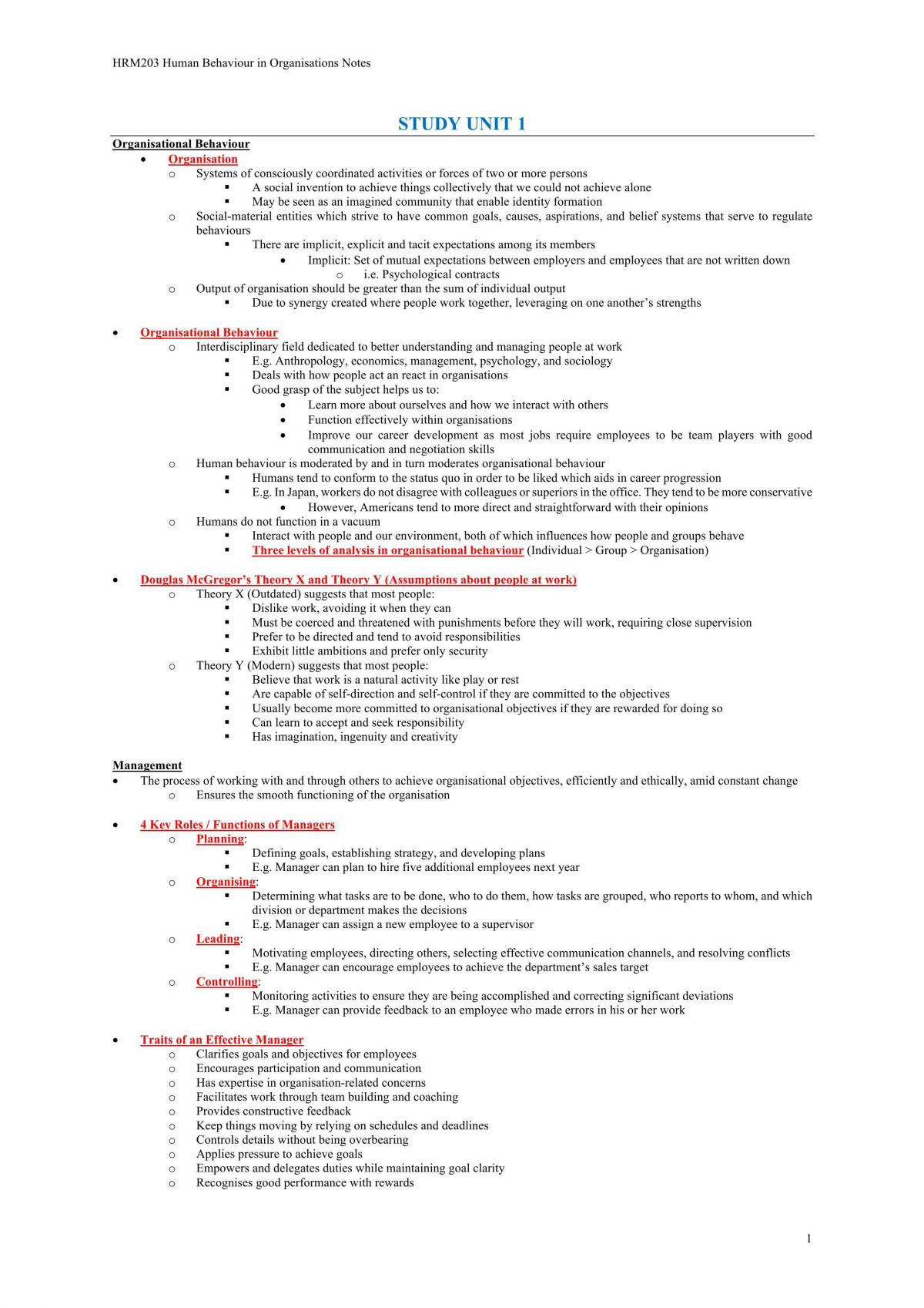 HRM203 - Human Behaviour in Organisations Notes - Page 1