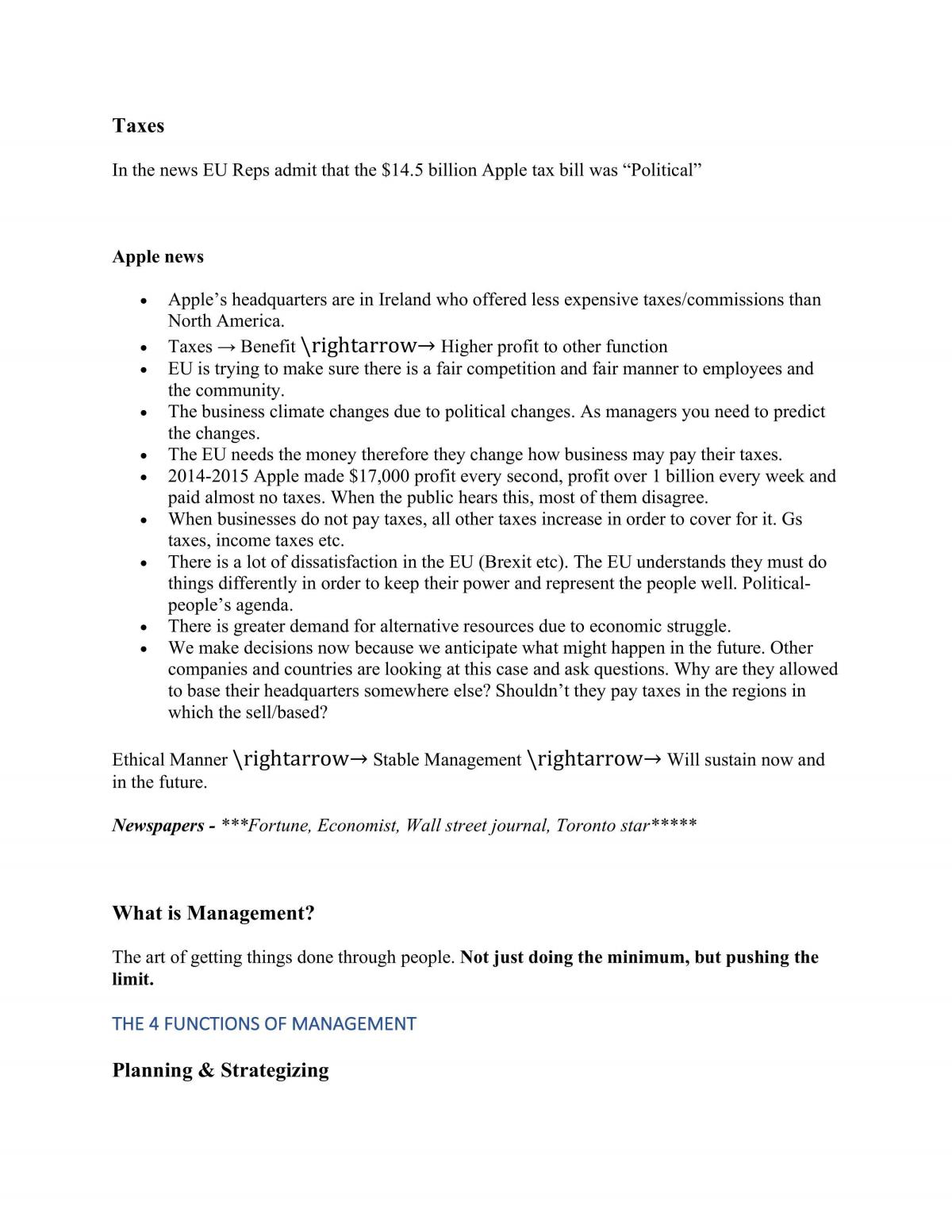 Introduction to Management Functions MGM101 Notes - Page 1