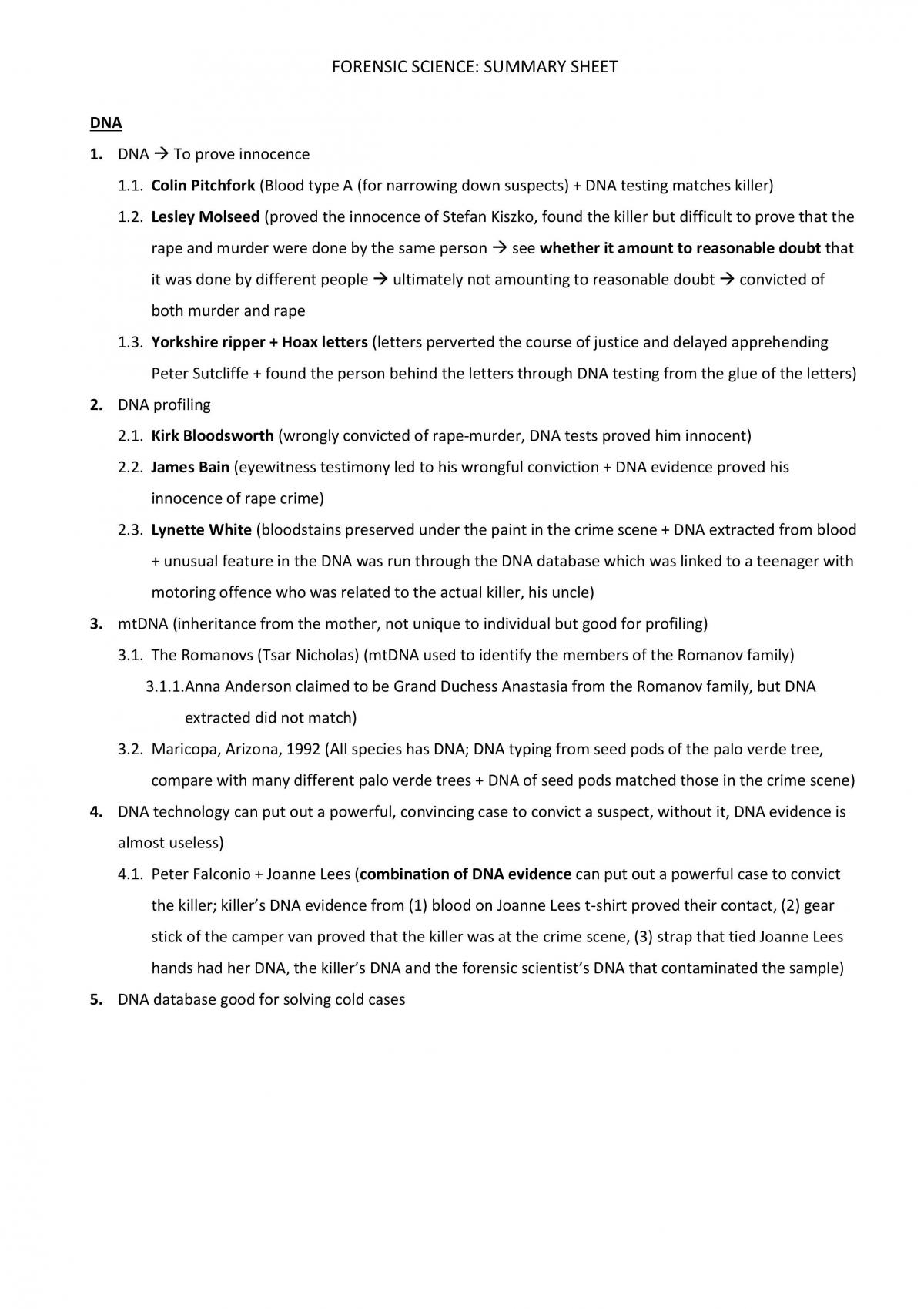Summary Sheet for Forensic Science - Page 1