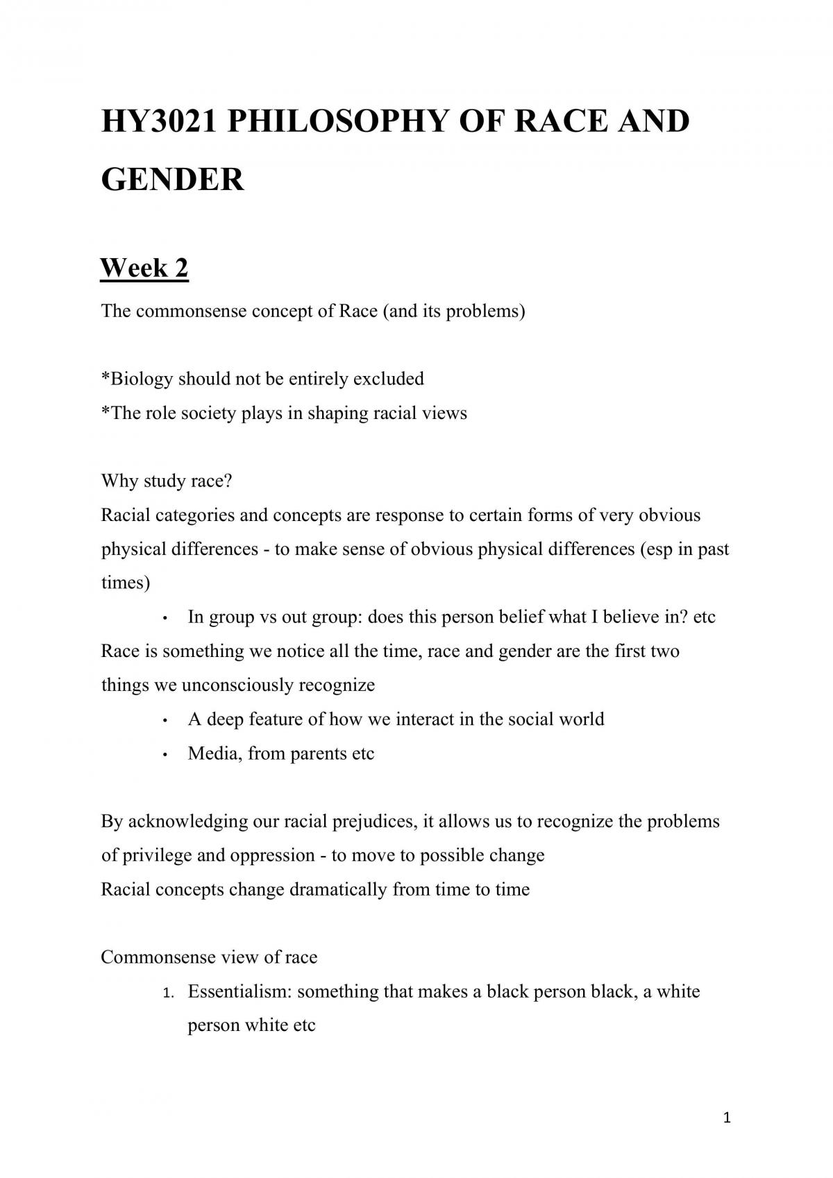HY3021 Philosophy of Race and Gender Notes - Page 1