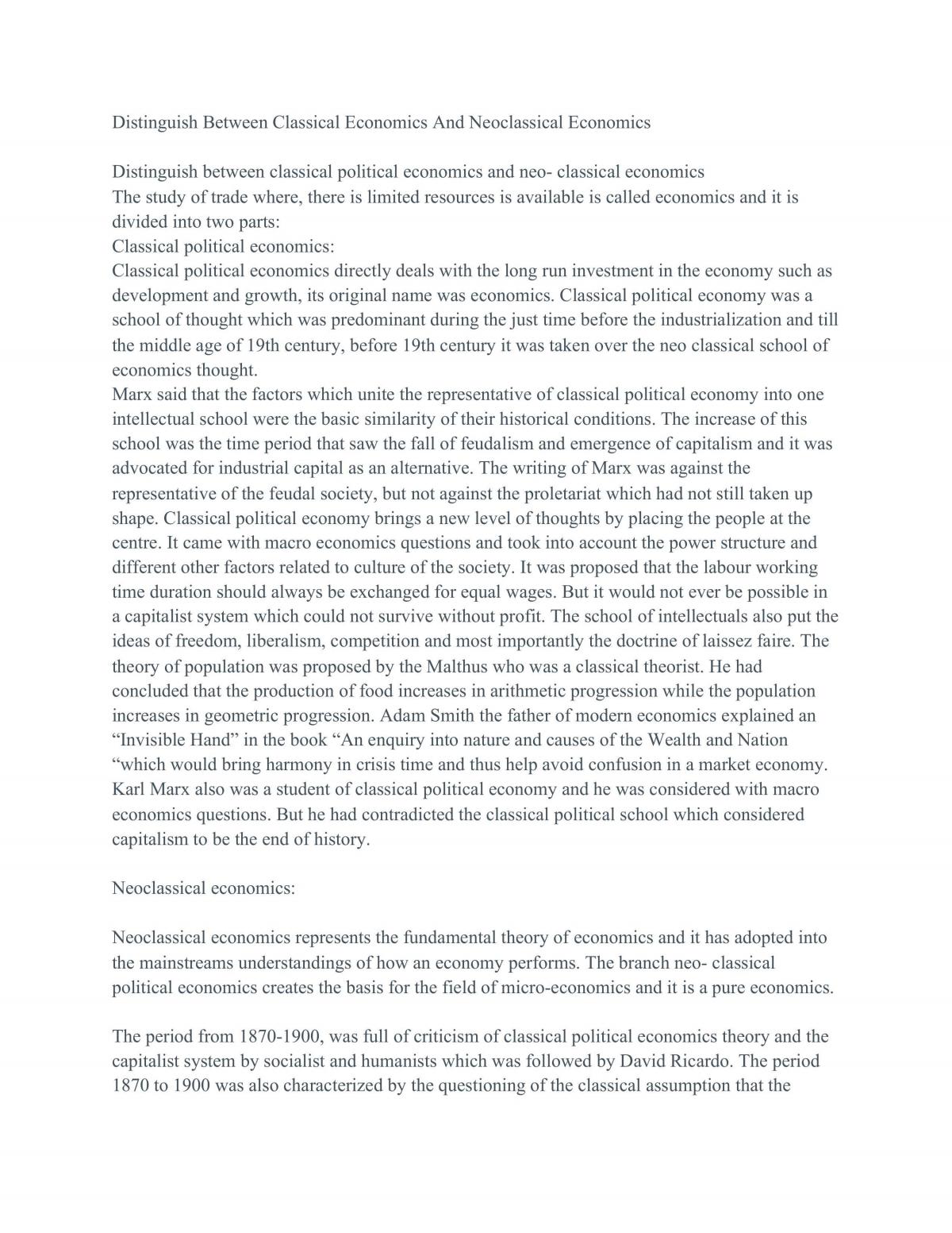 Distinguish Between Classical Economics And Neoclassical Economics - Page 1
