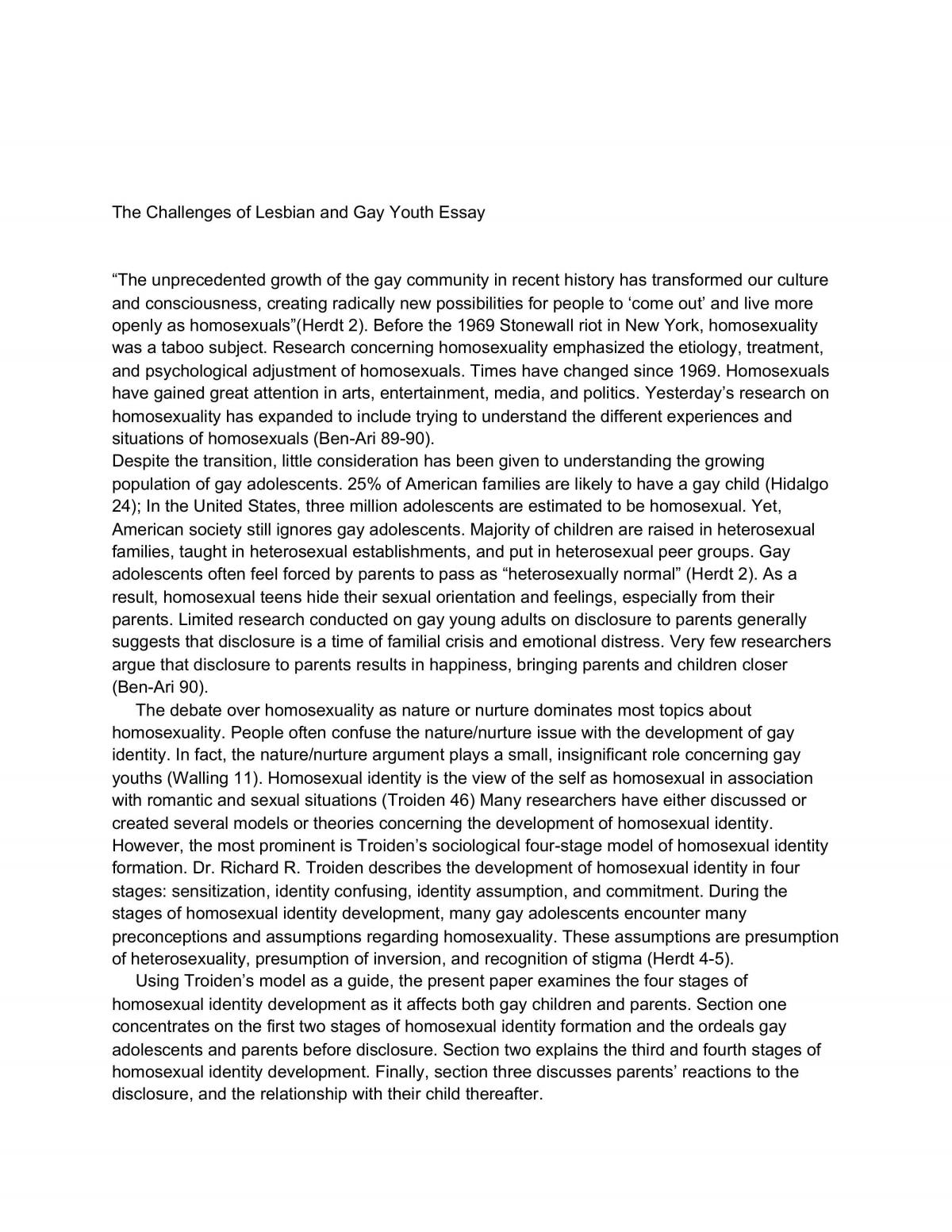 The Challenges of Lesbian and Gay Youth Essay - Page 1