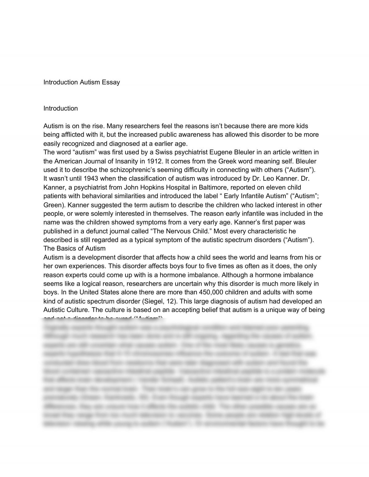 Introduction Autism Essay - Page 1