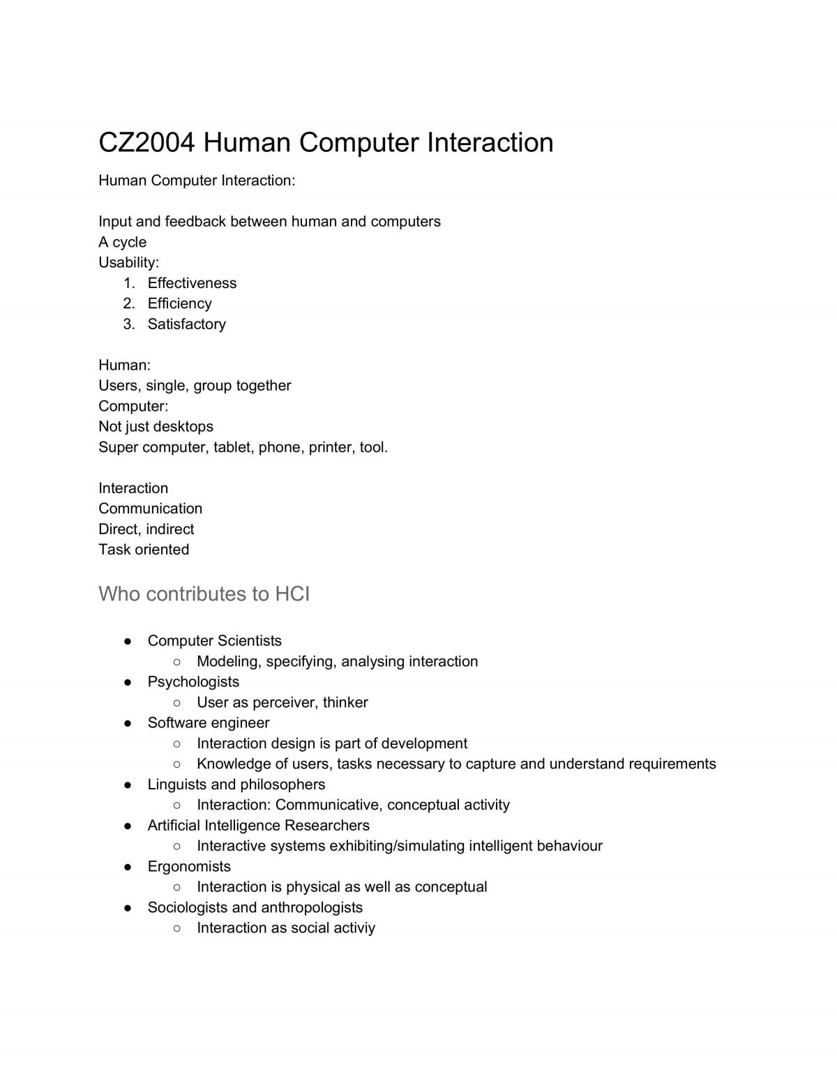Full Condensed Study Notes - Human Computer Interaction - Page 1