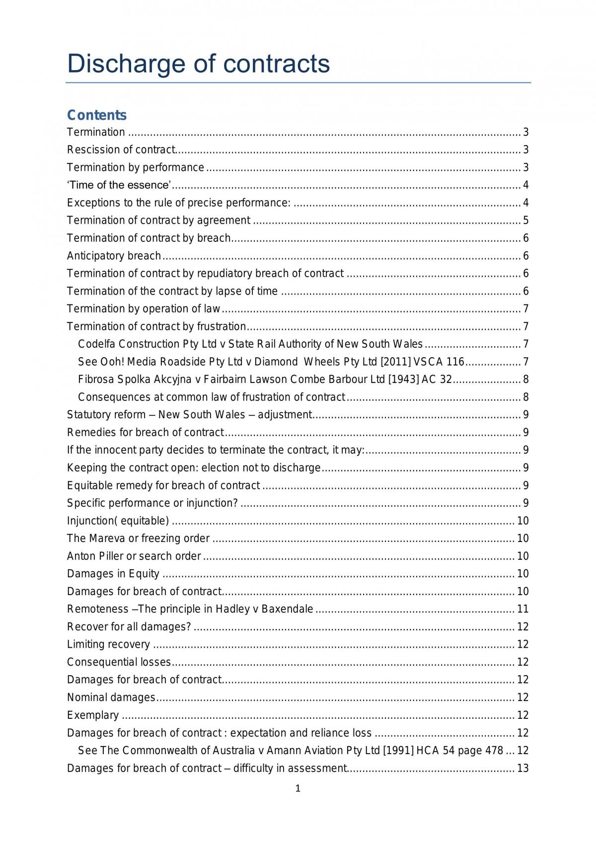 Study notes & Cases for Discharge of Contracts - Page 1