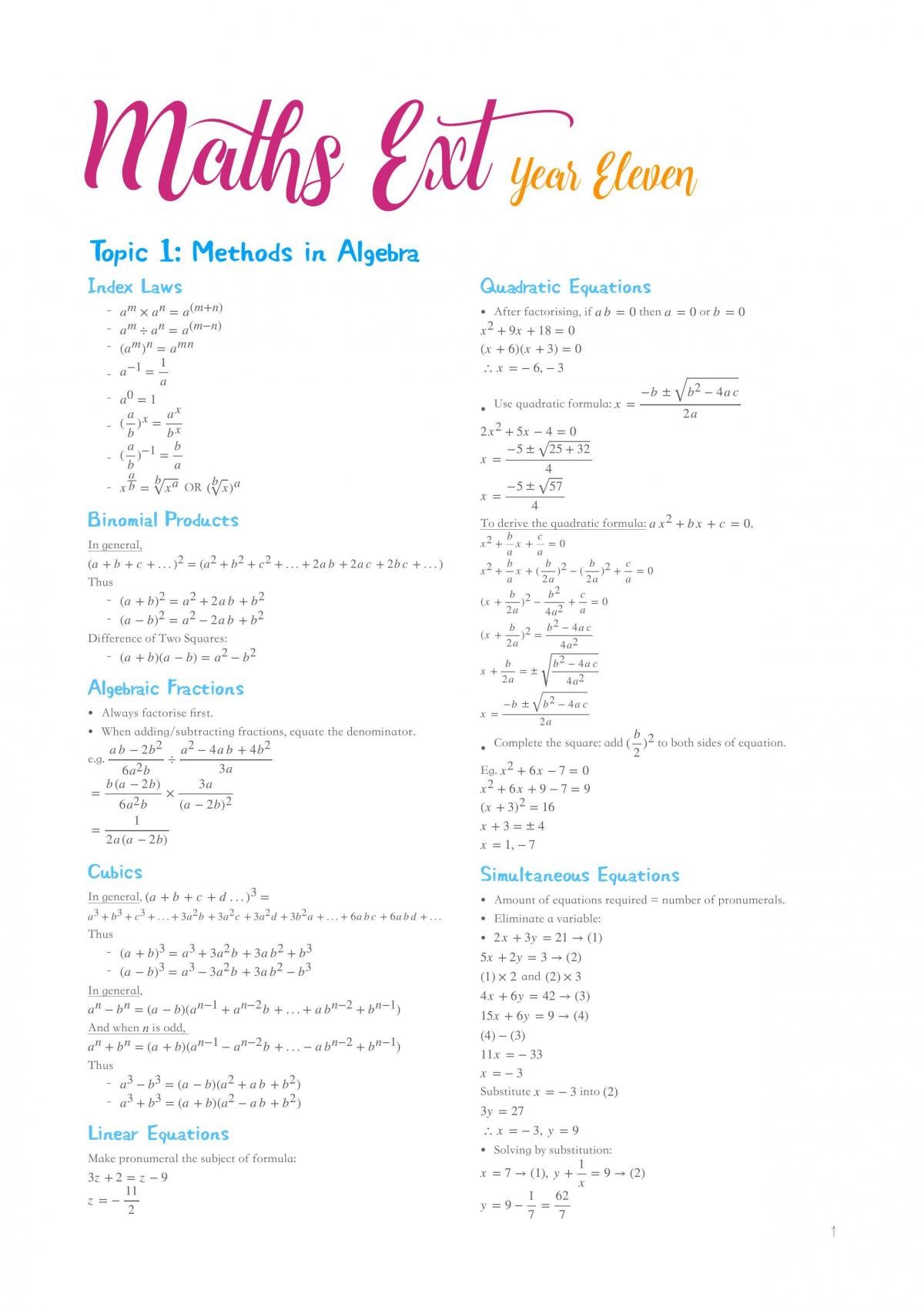 Maths Extension 1 Preliminary Notes - Page 1