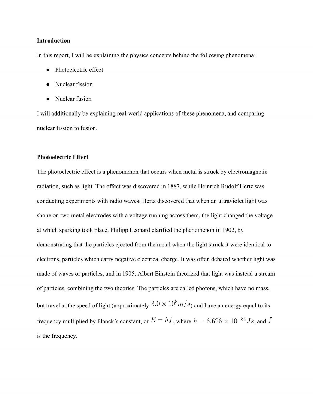 Essay discussing photoelectric effect, nuclear fission and fussion, for Modern Physics - Page 1