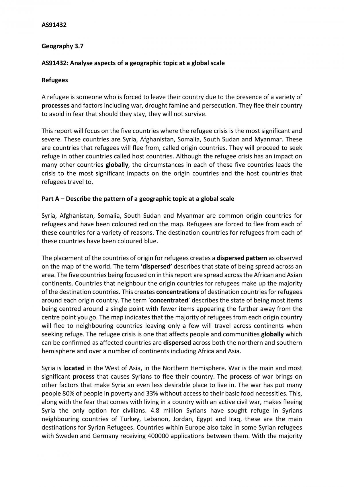 AS91432 Geography 3.7 Exemplar - Refugee Crisis - Page 1
