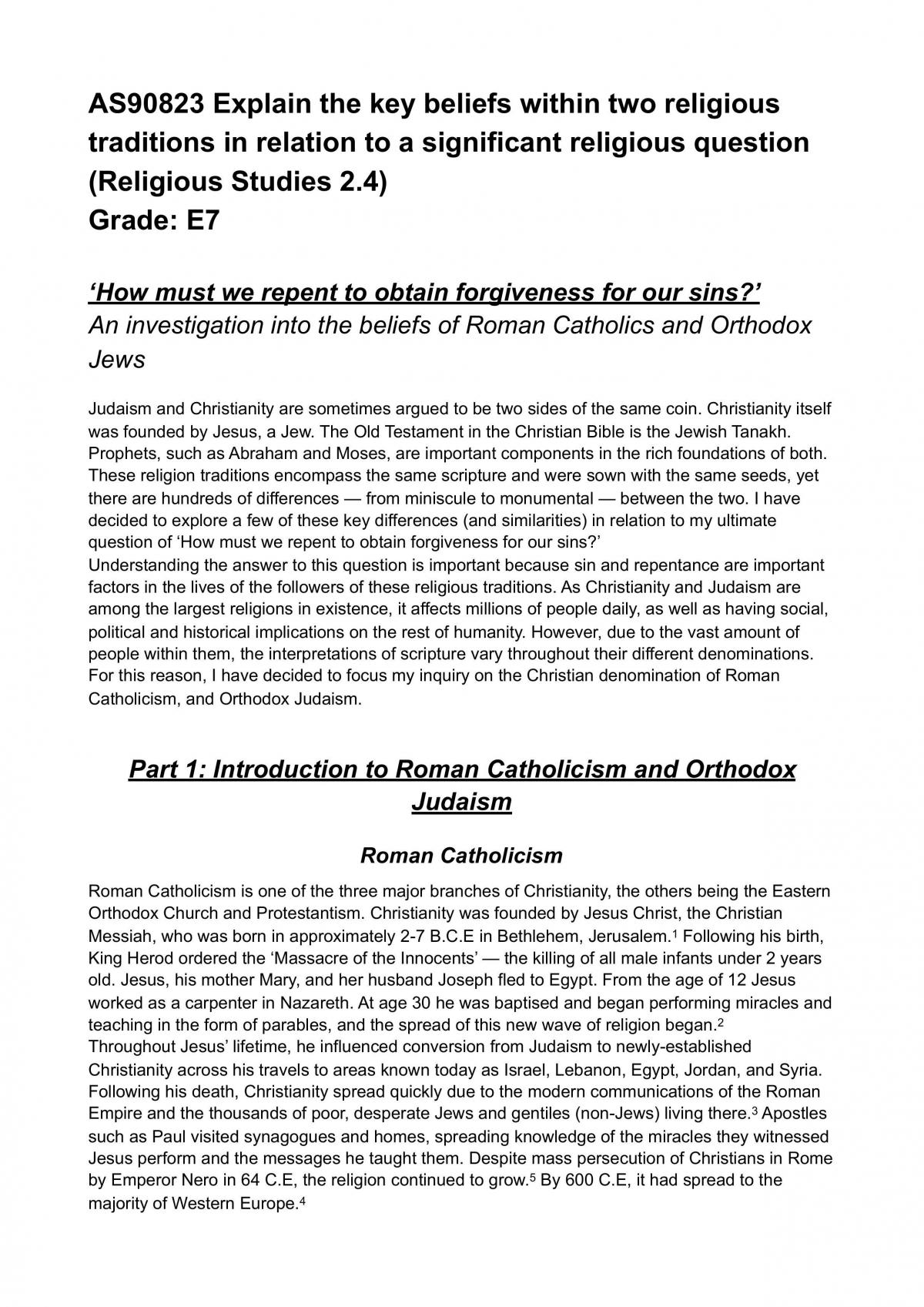 Religious Studies 2.4 investigation into the beliefs of Roman Catholics and Orthodox Jews  - Page 1