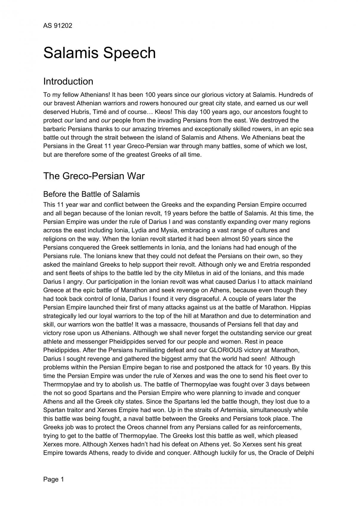 AS 91202 - Understanding the battle of Salamis - Classical Studies Level 2 - Page 1
