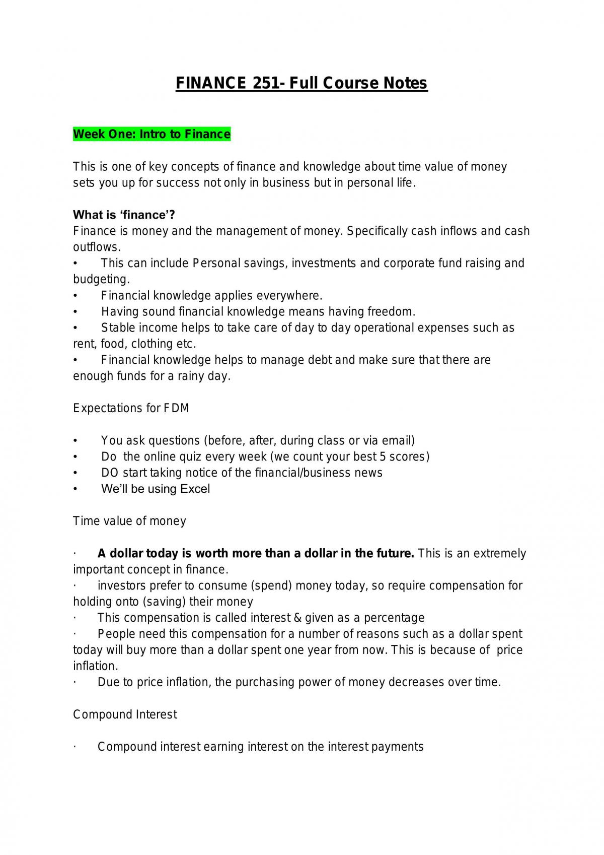 FINANCE 251 - Full Course Notes - Page 1