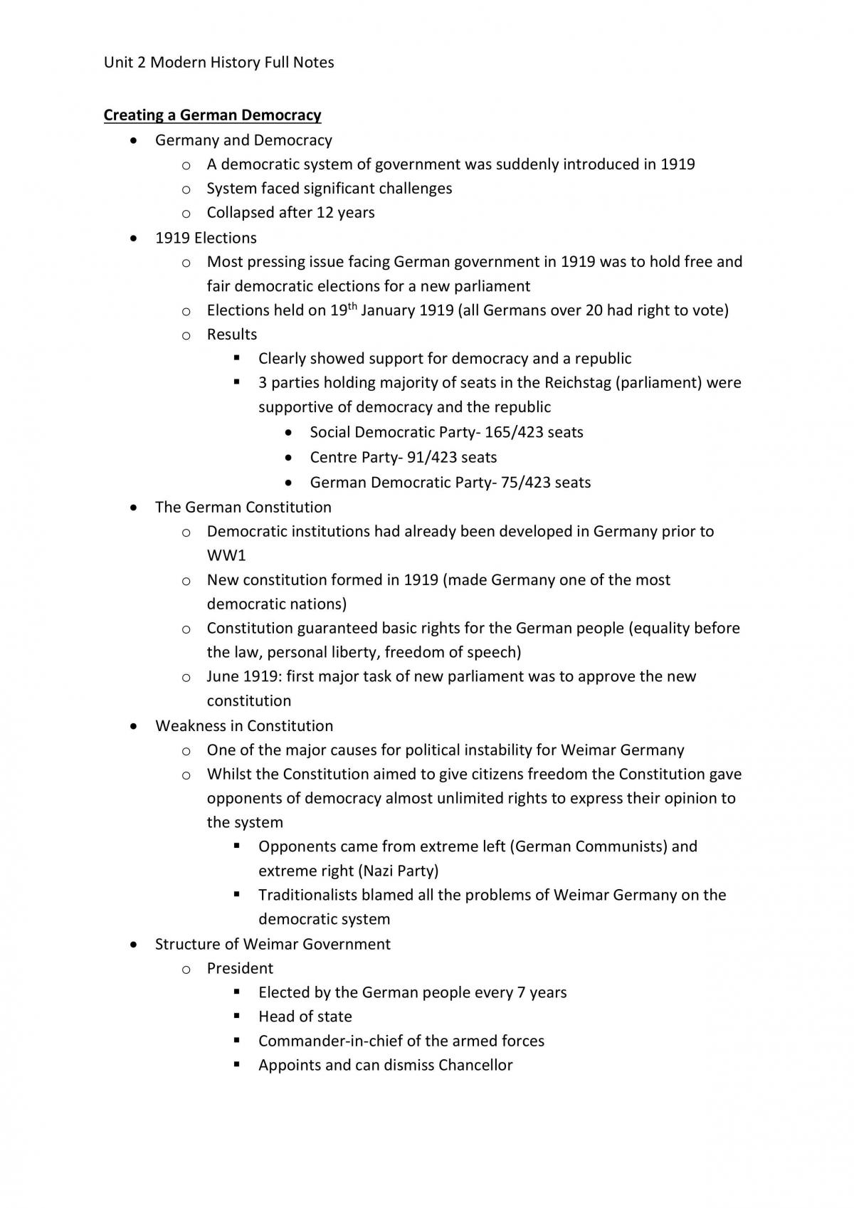 Unit 2 Modern History Germany Full Unit Notes - Page 1