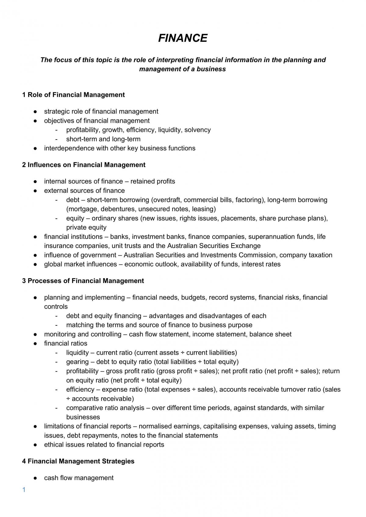 Finance - Business Studies Notes - Page 1