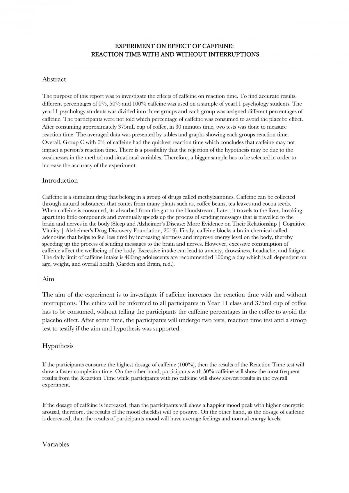 Caffeine Report Psychology Year 11 SACE Thinkswap