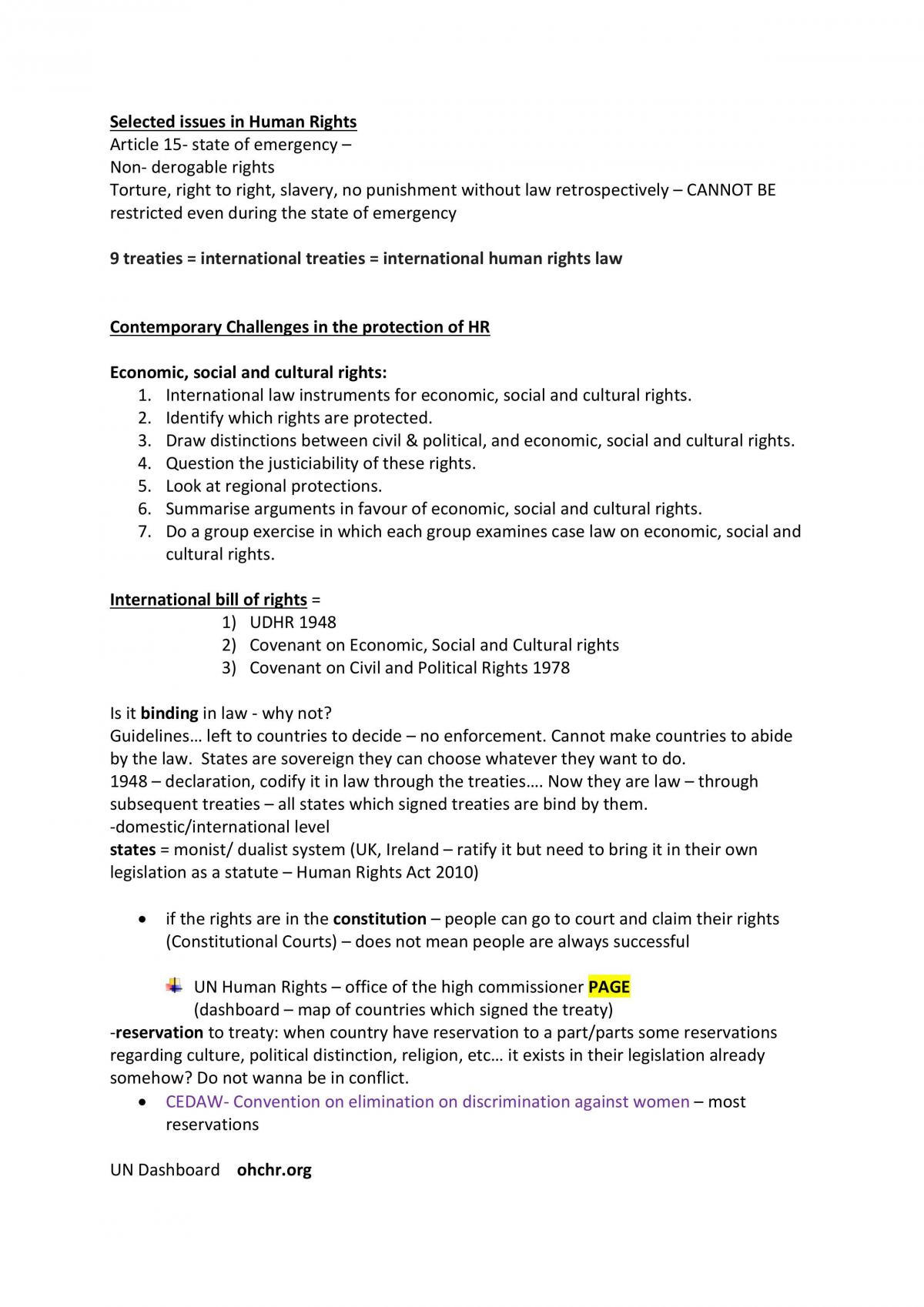 Selected Issues in Human Rights notes - Page 1