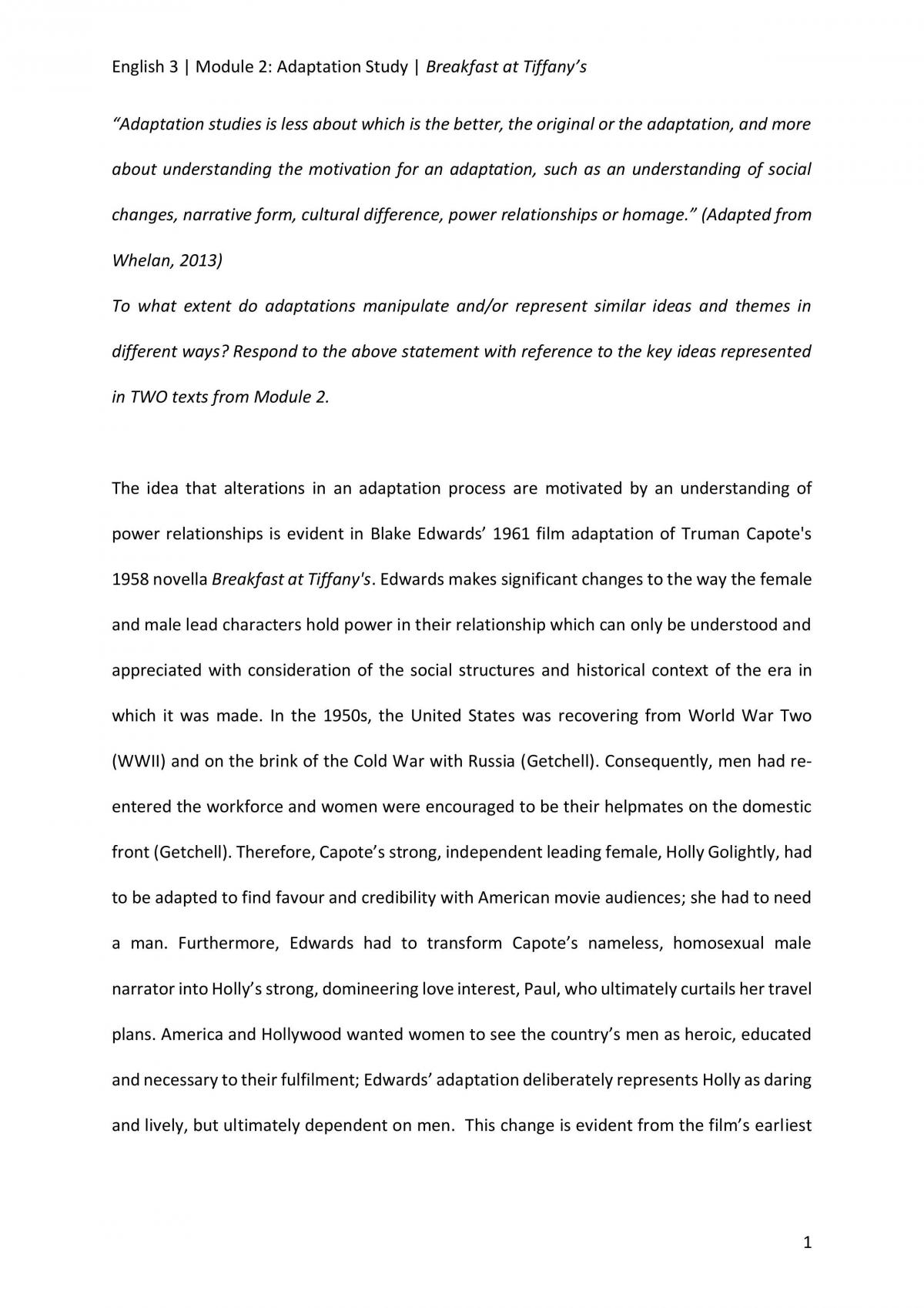 Adaptation Studies Major Comparative Essay - Page 1