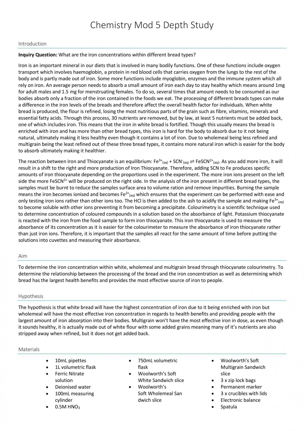 Chemistry Module 5 Iron Concentration Depth Study - Page 1