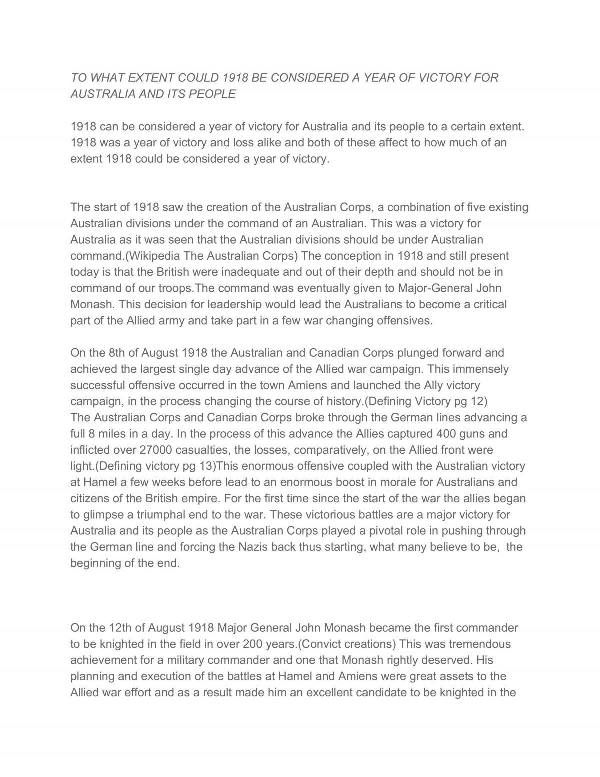 To What Extent Could 1918 be Considered a Year of Victory for Australia and it's People - Page 1