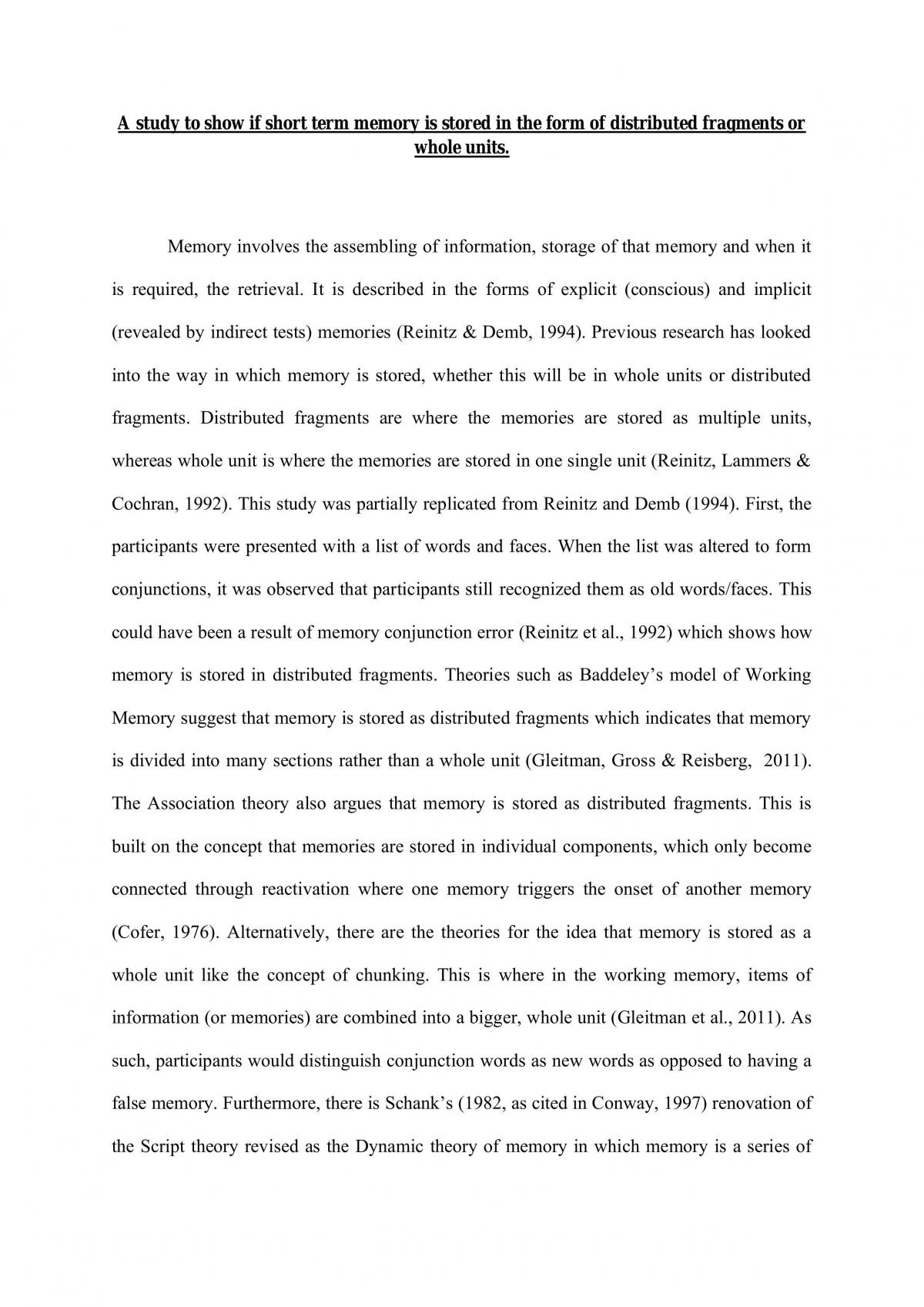 Is short term memory stored in the form of distributed fragments or whole units - Research Project - Page 1