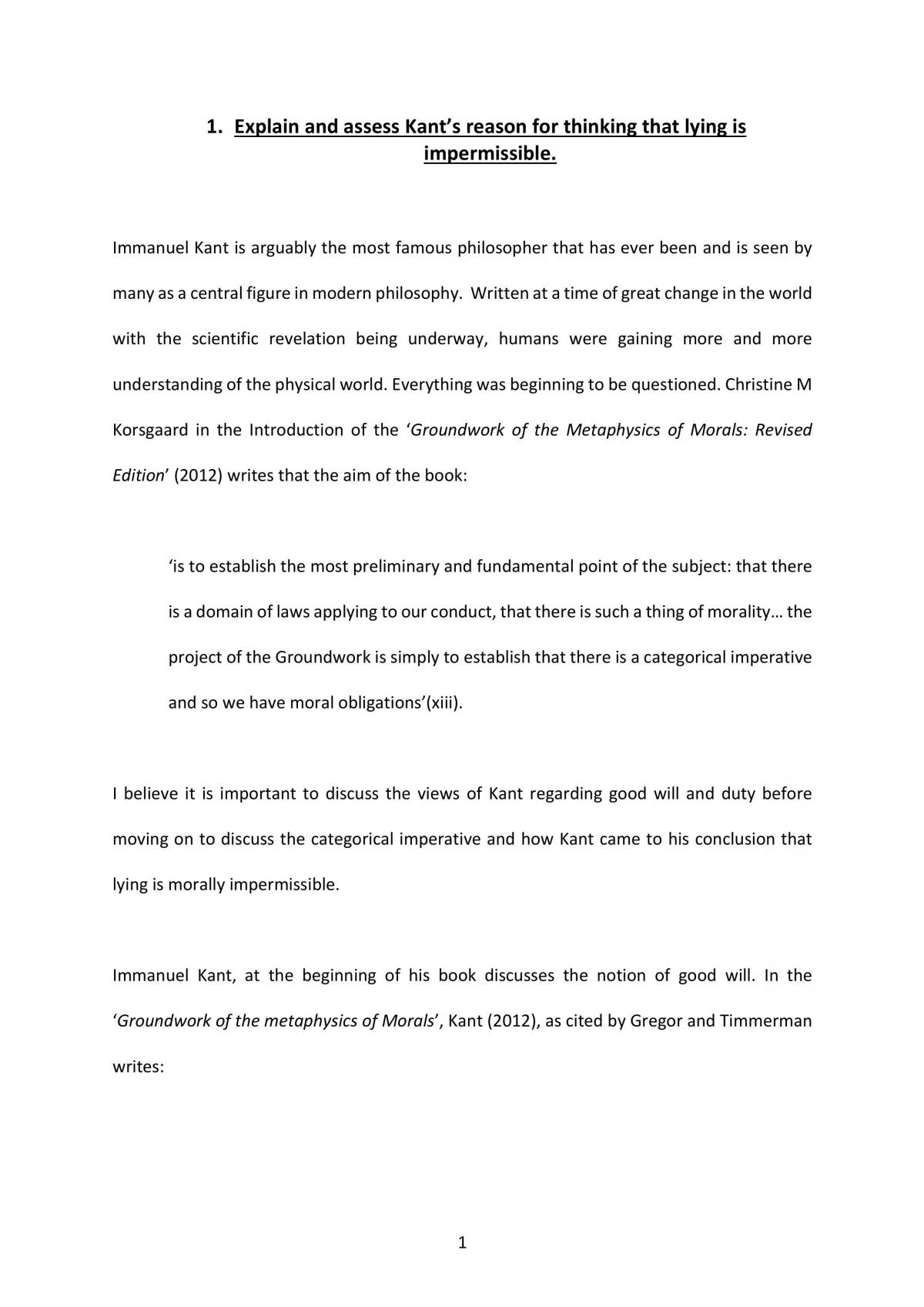 Explain and assess Kant's reasoning for suggesting lying is impermissible  - Page 1