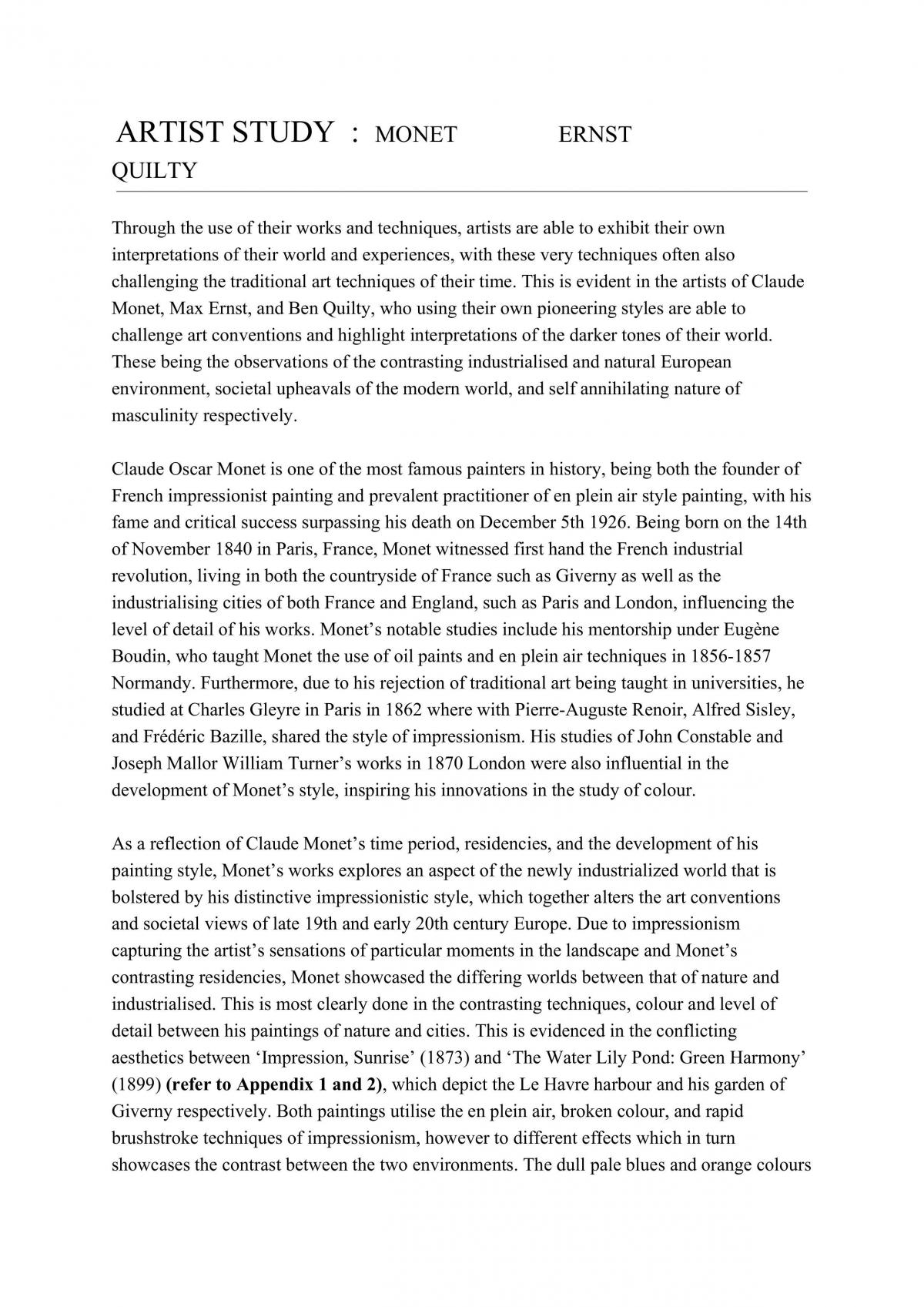 Artist Study Essay - Monet, Ernst, Quilty - Page 1