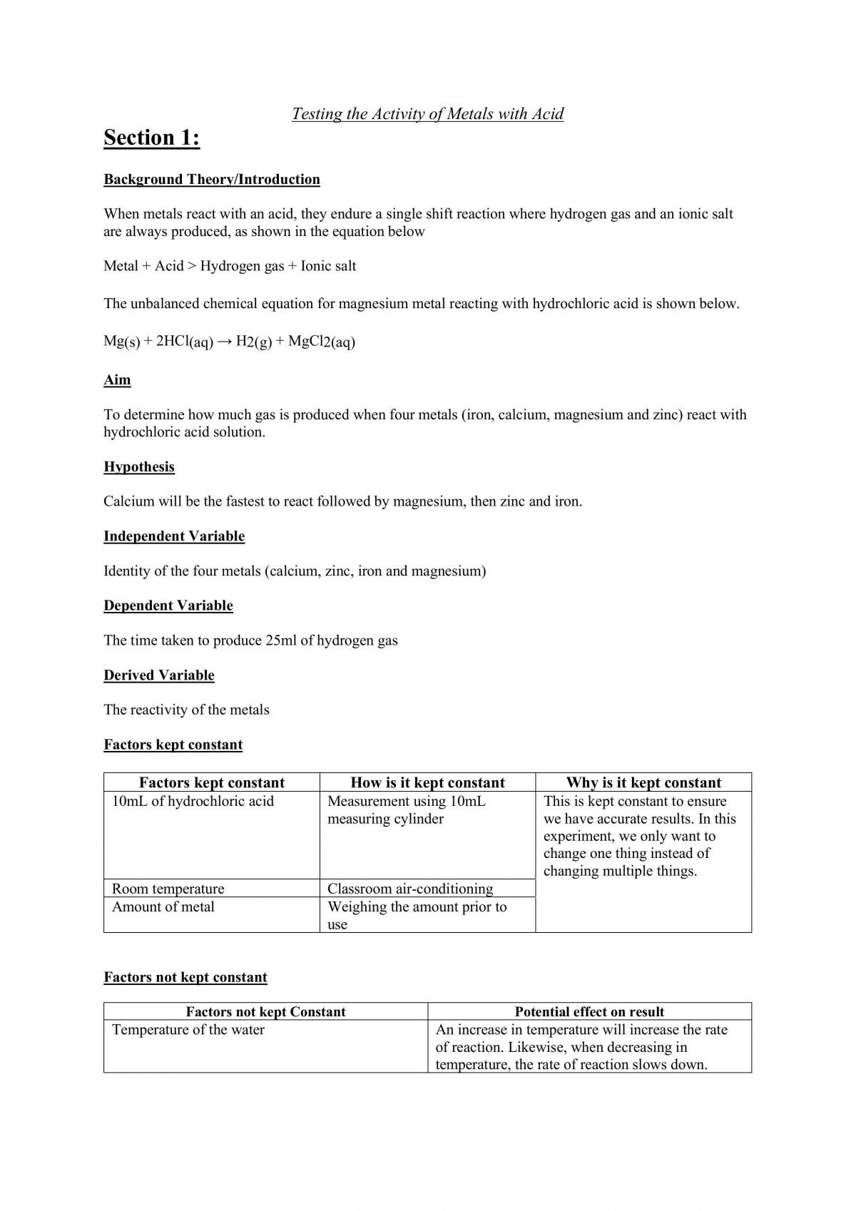Testing the Activity of Metals with Acids - Page 1