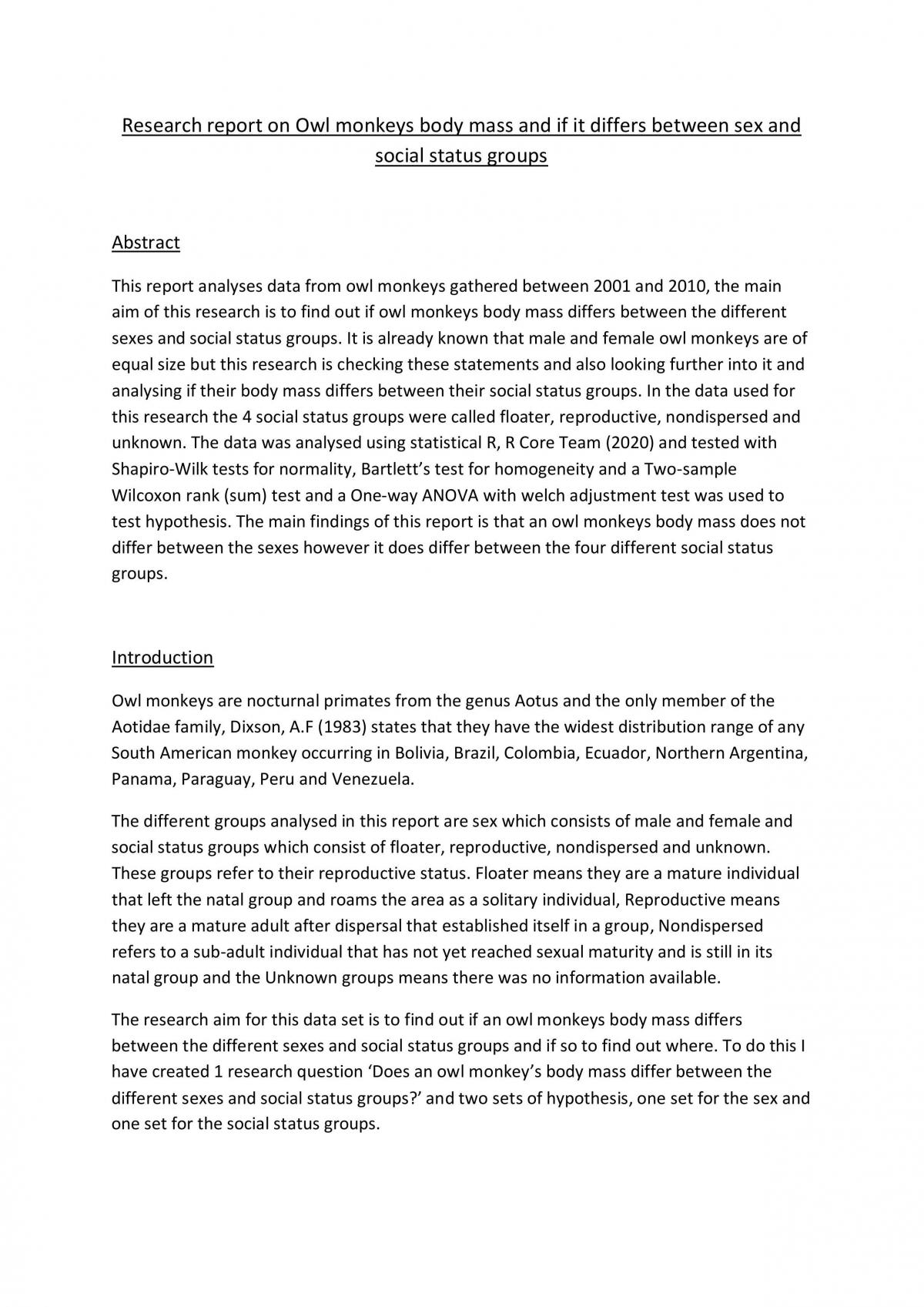 Research methods report on owl monkeys - Page 1