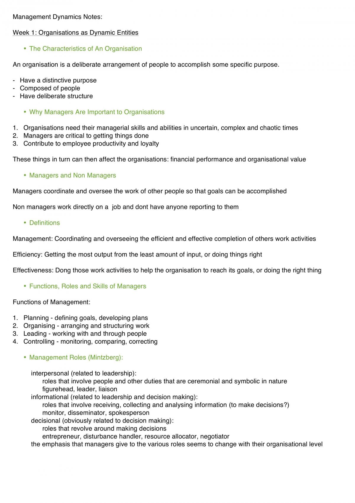 Management Dynamics Notes Weeks 1-4 - Page 1