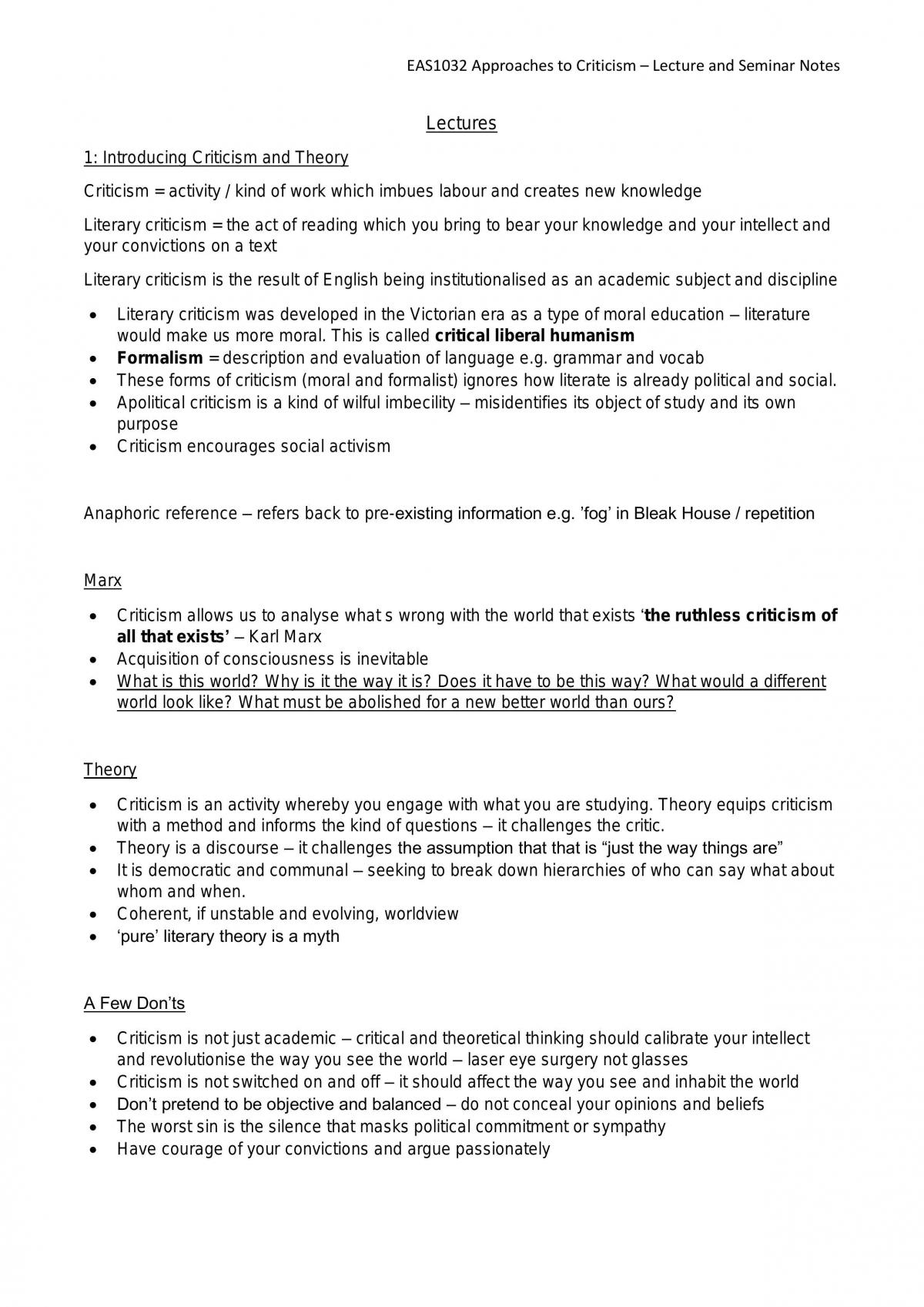 Approaches to Criticism Lecture and Seminar Notes - Term 1 - Page 1