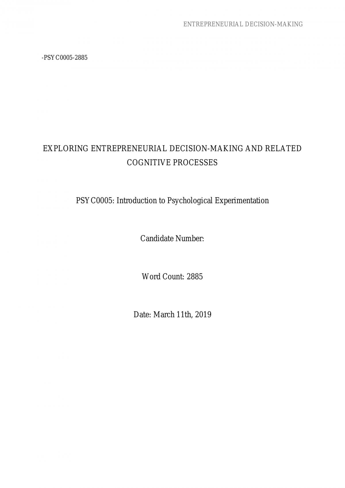 Entrepreneurial Decision-Making and Related Cognitive Processes - Lab Report - Page 1