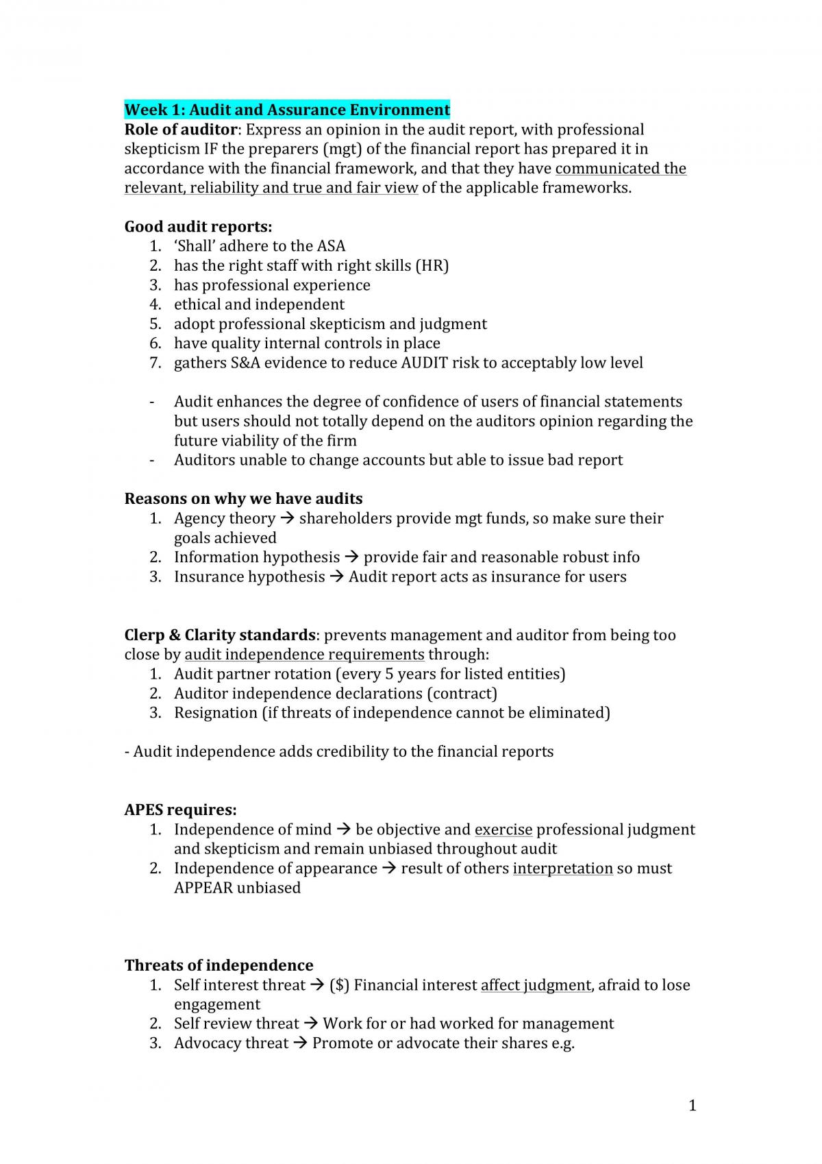 ACCT3014 Audit & Assurance Full Notes - Page 1