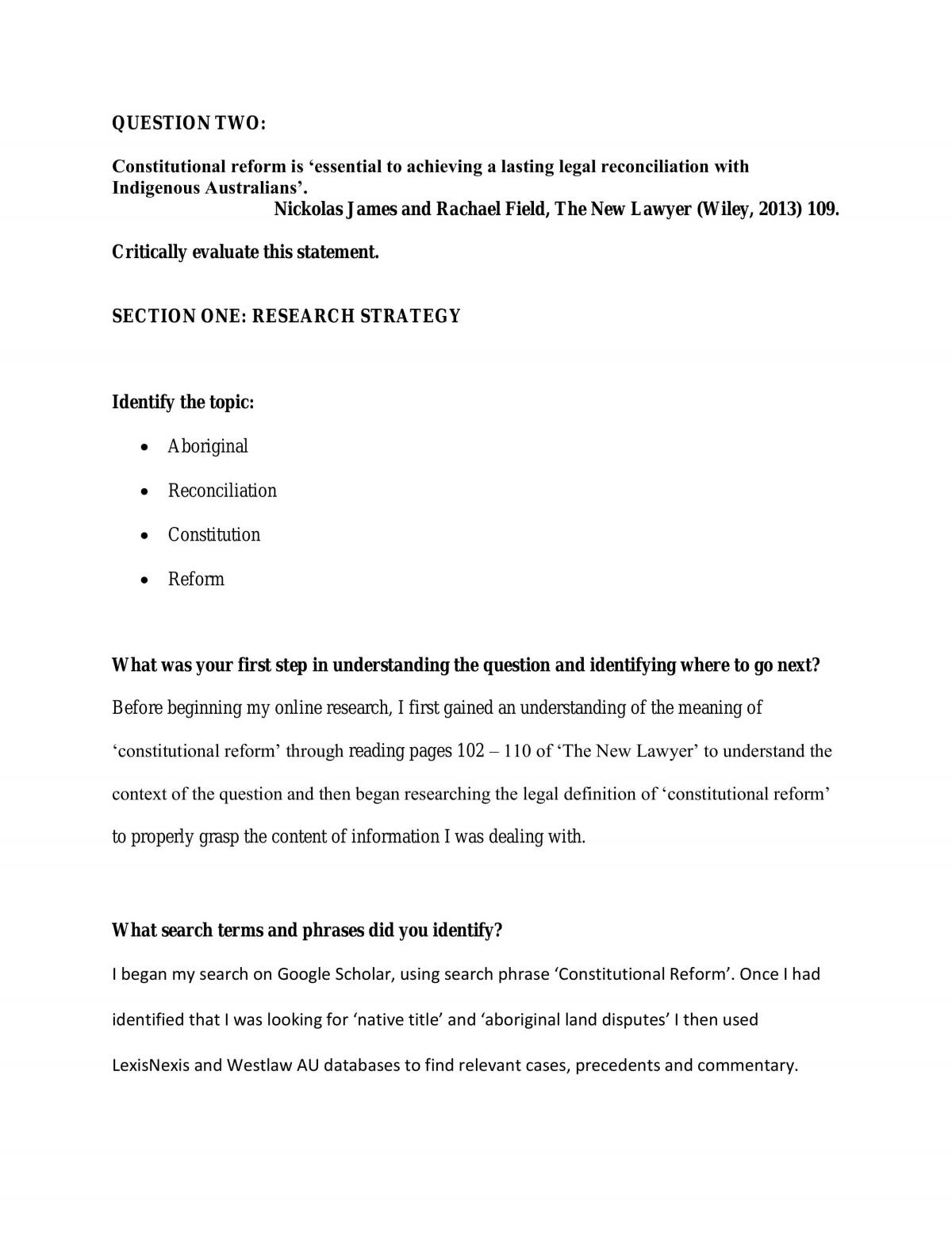 UTS Foundations of Law Research Essay (Distinction, Spring 2014) - Page 1