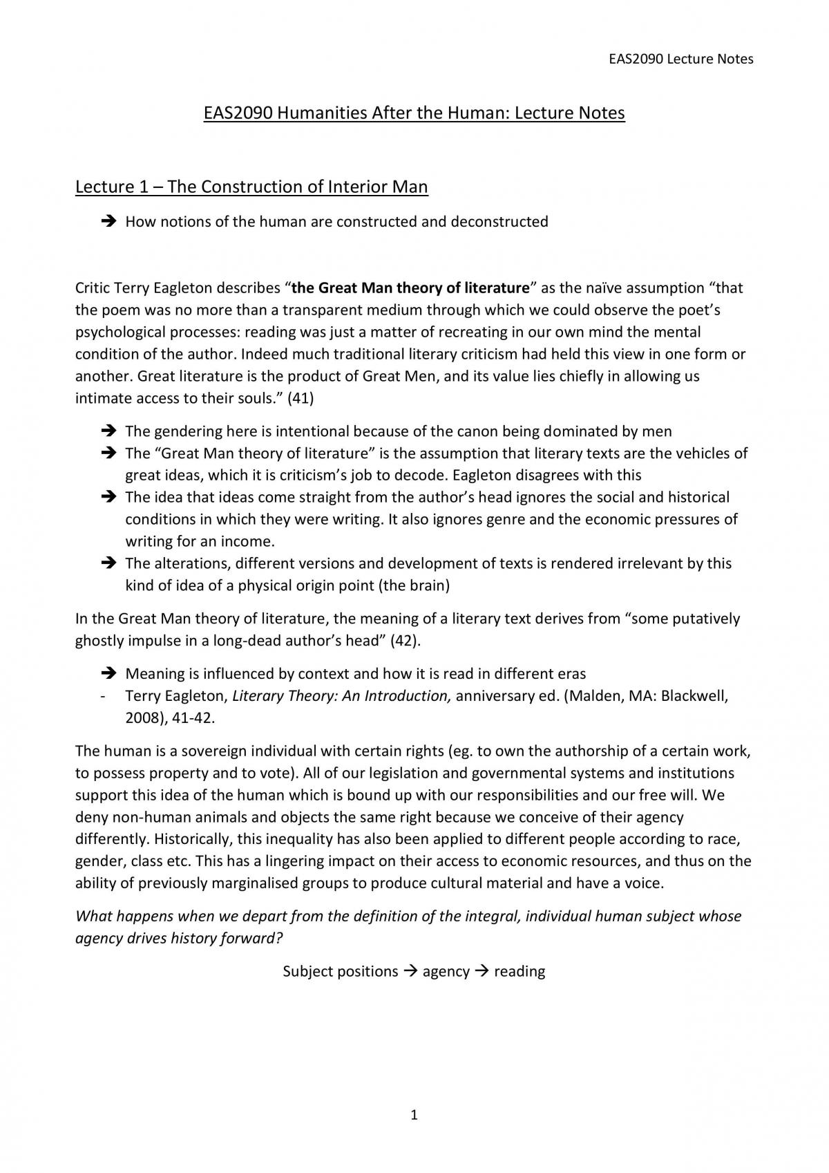 Humanities After the Human - Lectures Notes - Page 1