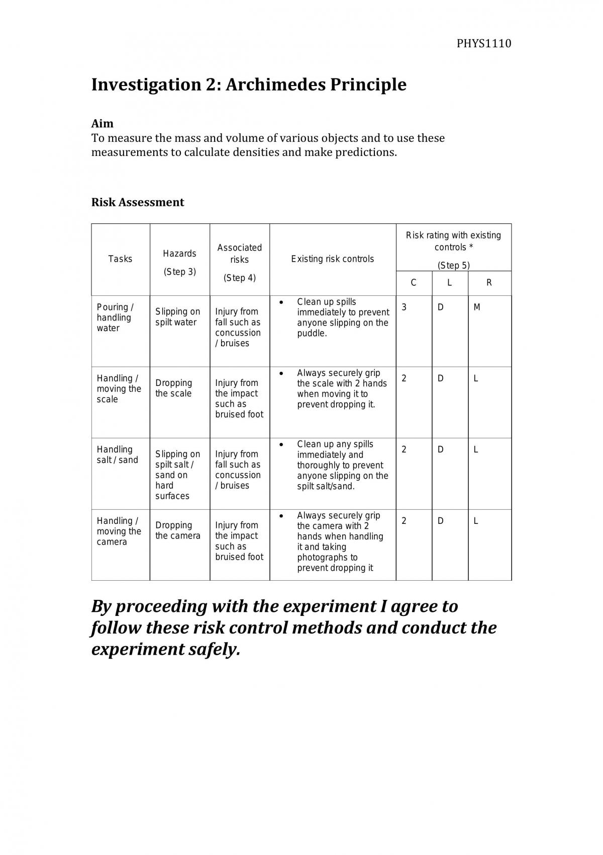 PHYS1110 Investigation 2  - Page 1